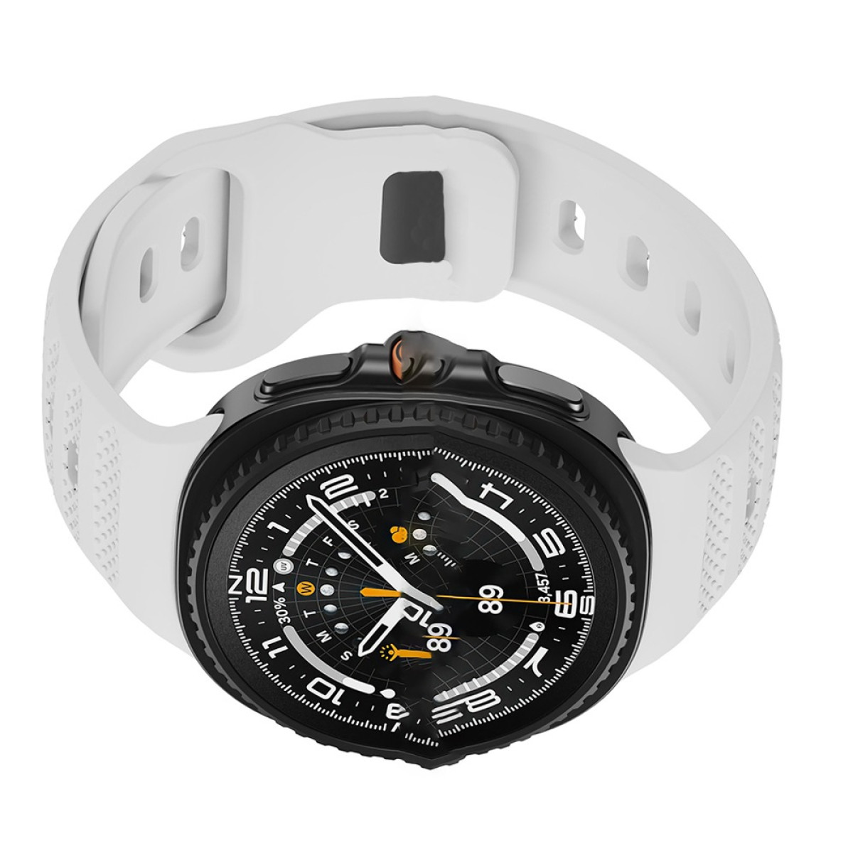Uno smartwatch nero con cinturino bianco, visto dall'alto su sfondo bianco.
