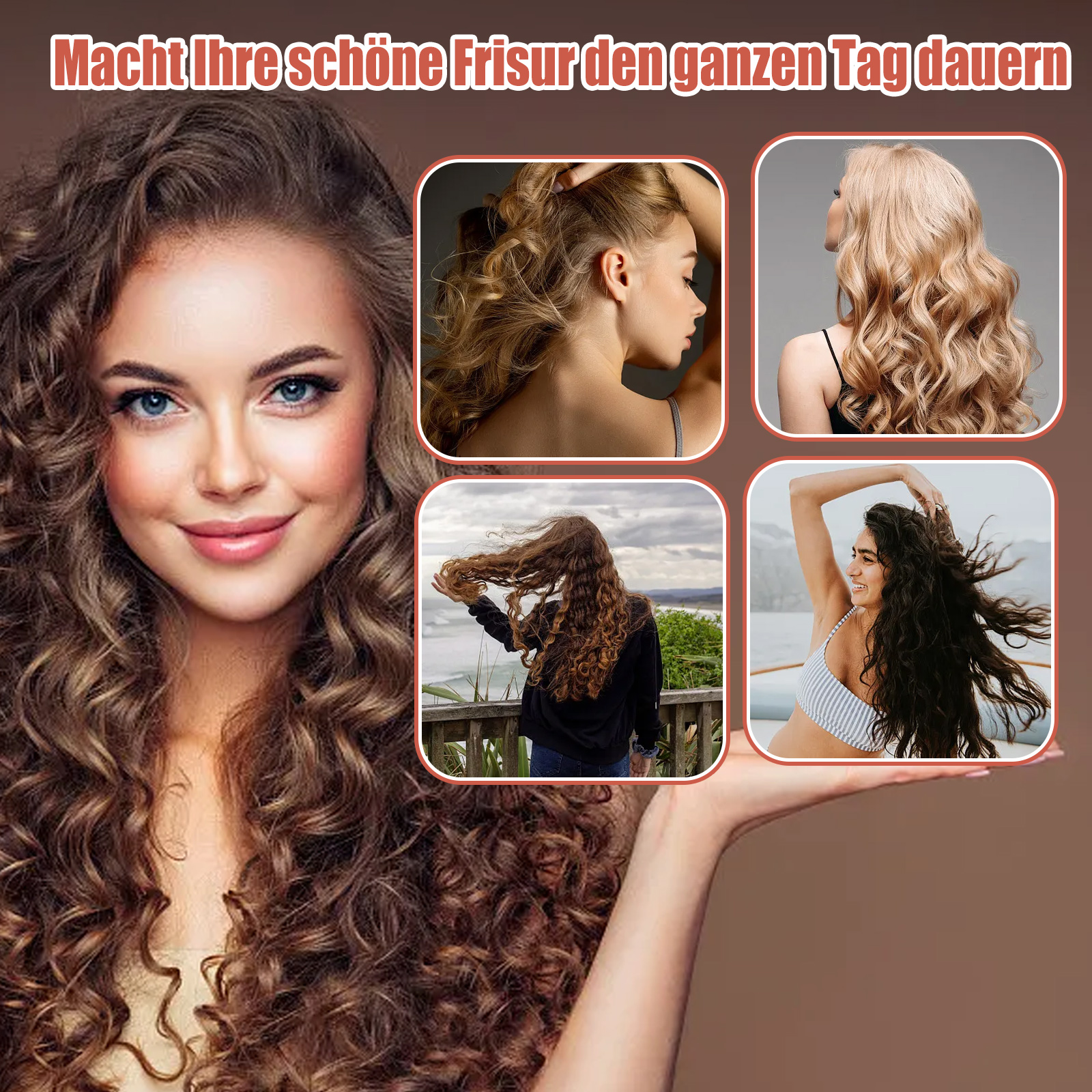 Eine Frau mit lockigem Haar und vier kleinen Einsetzbildern mit verschiedenen Frisuren.