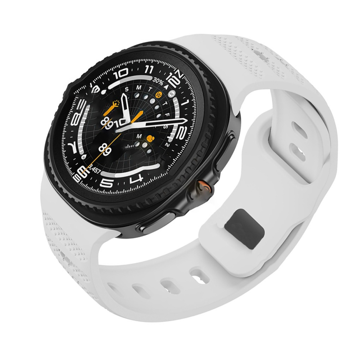 Uno smartwatch nero con cinturino bianco, visto da un'angolazione su sfondo bianco.