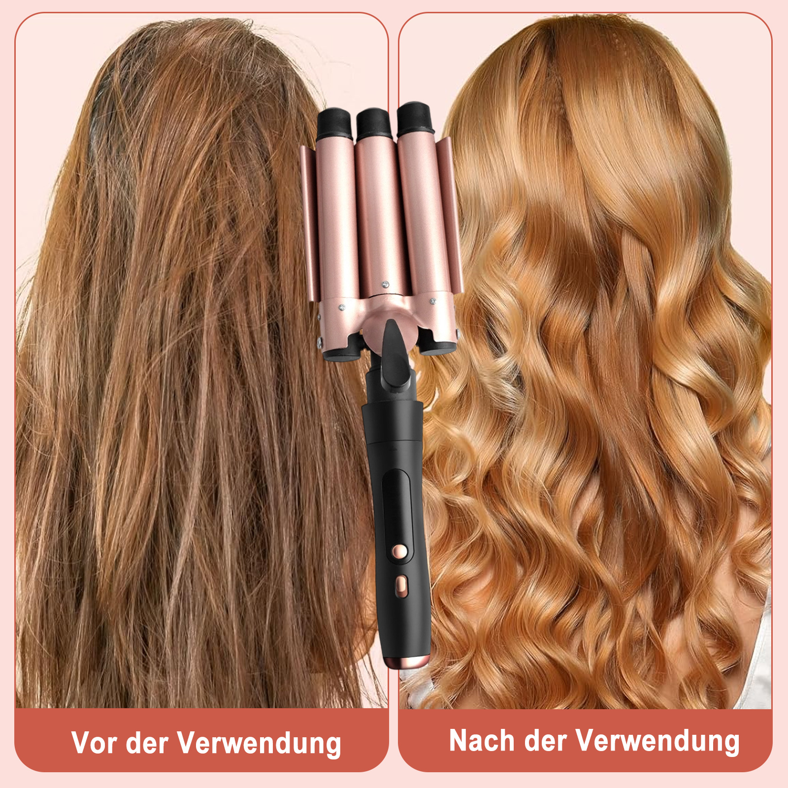 Haarwellen neben welligem und glattem Haar. Das Werkzeug ist roségold und schwarz.