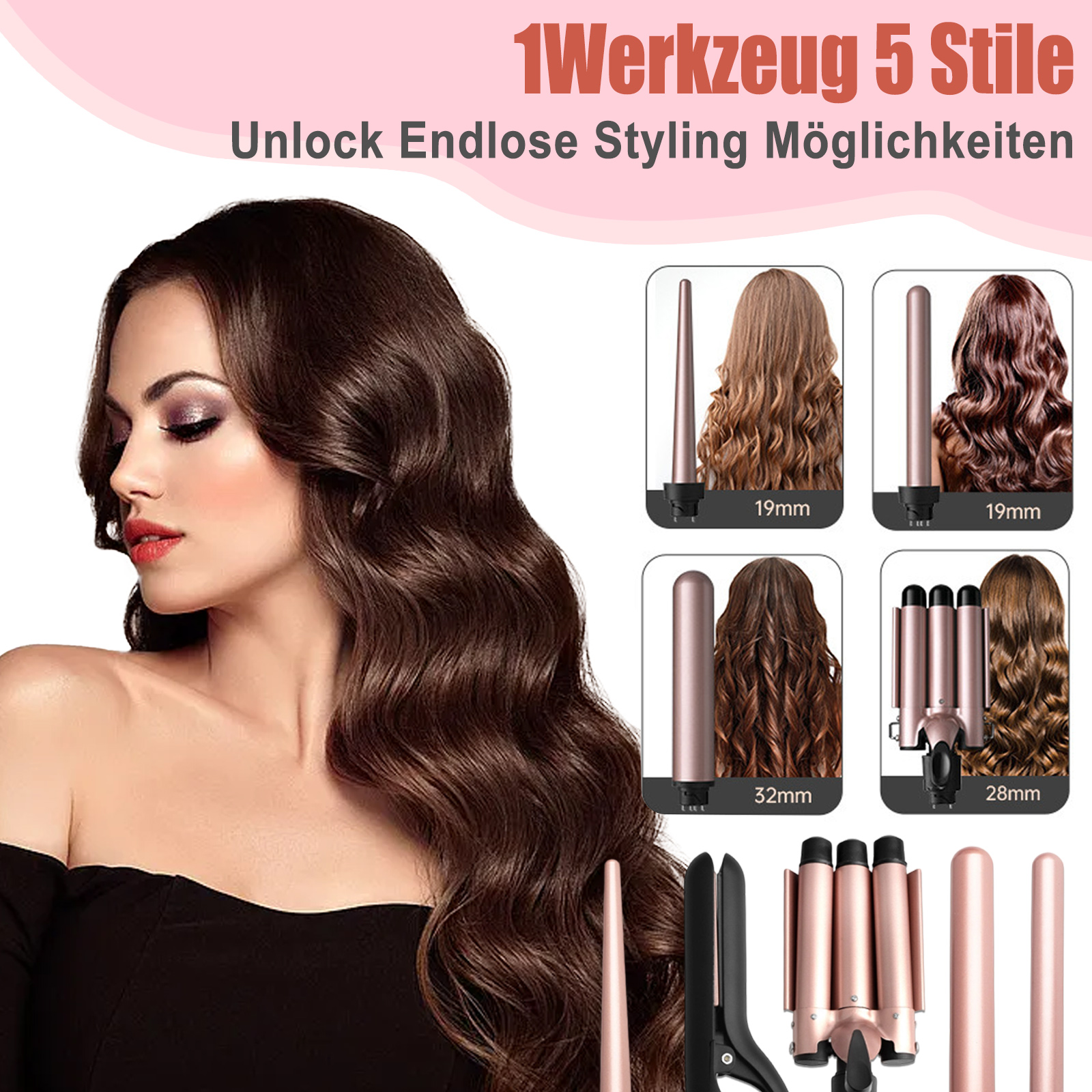 Frau mit langen dunklen Haaren und mehreren Haarstyling-Tools. Der Text lautet: 1 Werkzeug, 5 Stile.