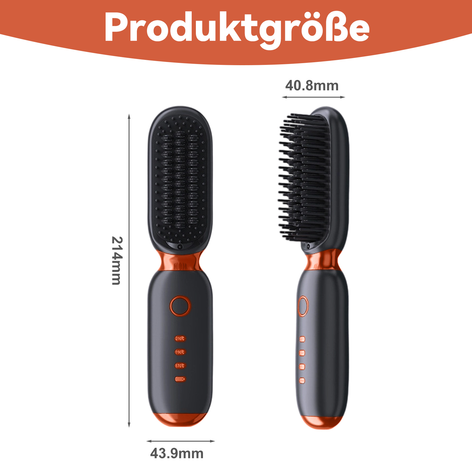 Schwarze und orangefarbene Haarglättungsbürste mit Abmessungen. Es hat einen runden Knopf und Einstellungen.