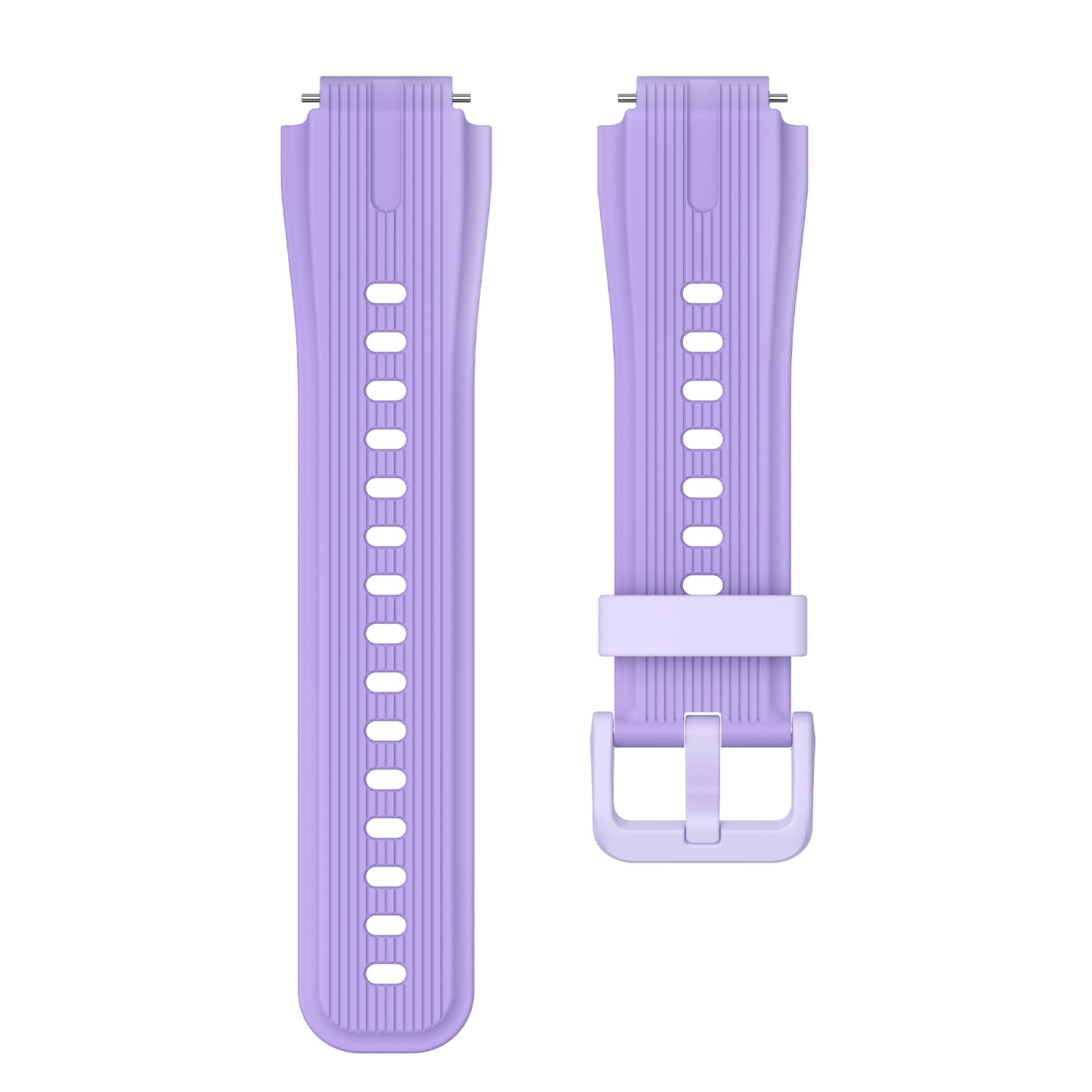 Zwei violette Uhrenarmbänder. Sie haben Löcher und eine Schnalle.