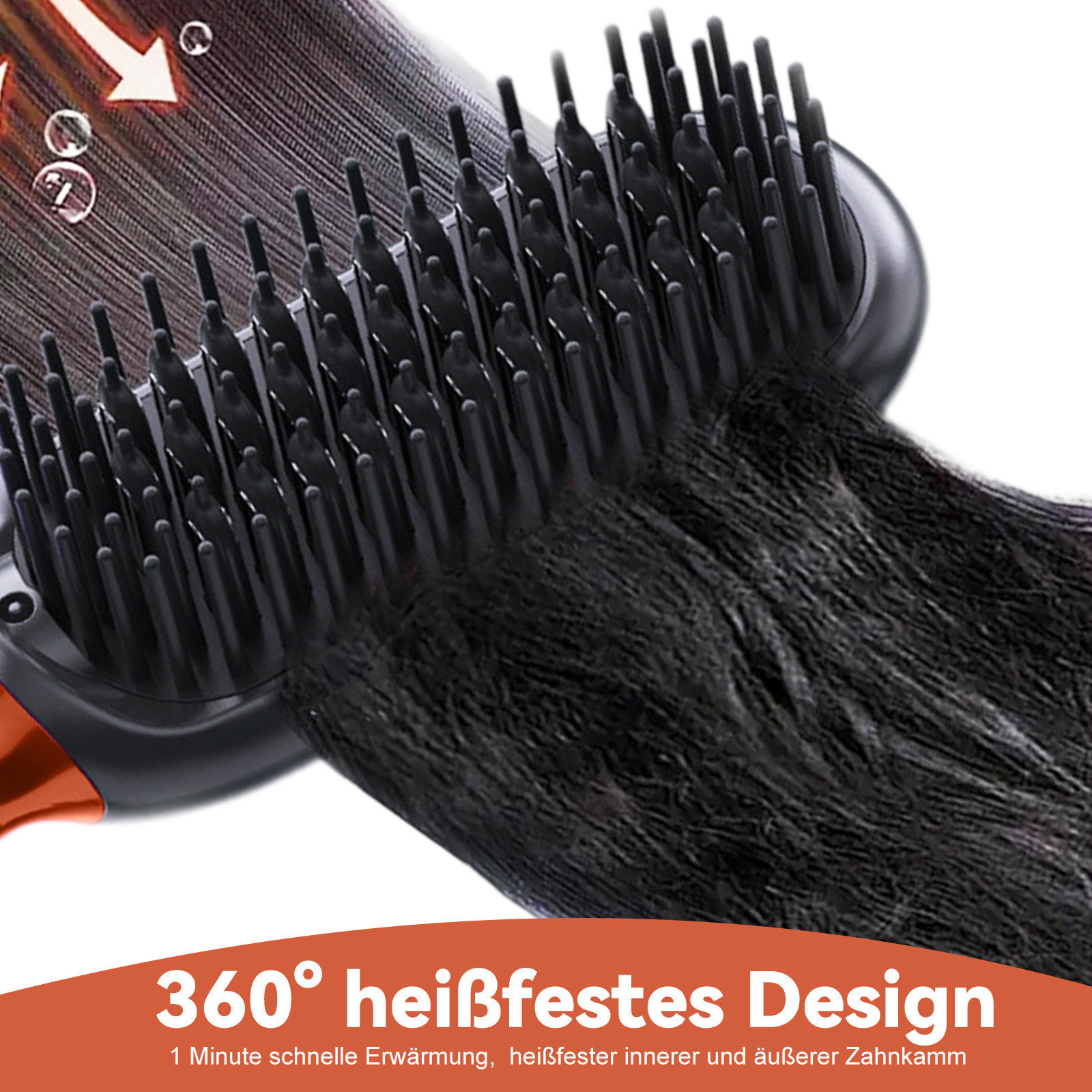 Nahaufnahme einer Haarglättungsbürste mit Text