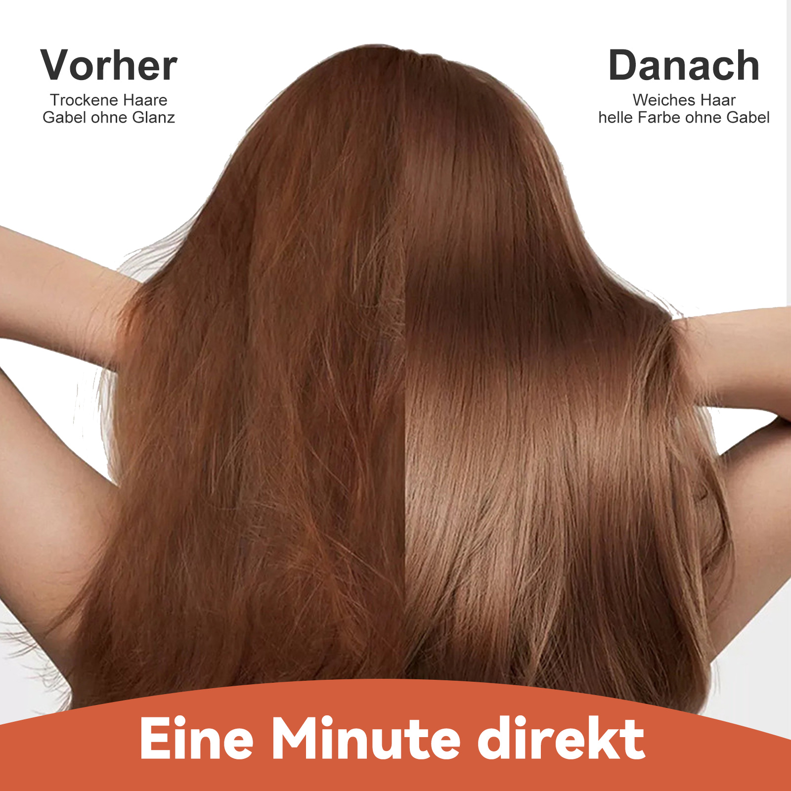 Vorher-Nachher-Bild von Haaren. Die linke Seite zeigt trockenes Haar. Die rechte Seite zeigt glänzendes Haar.