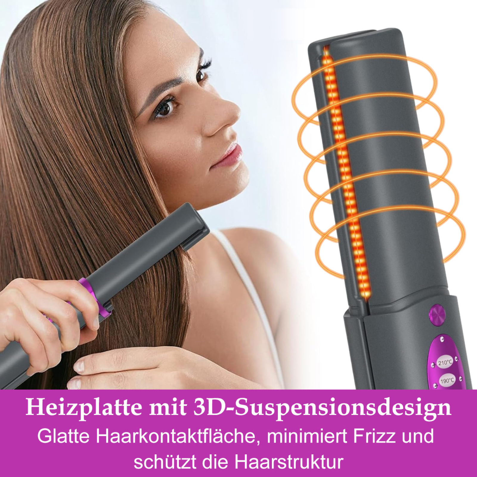 Frau benutzt ein Glätteisen. Das Eisen ist offen und das Heizelement ist sichtbar mit Textüberlagerung.