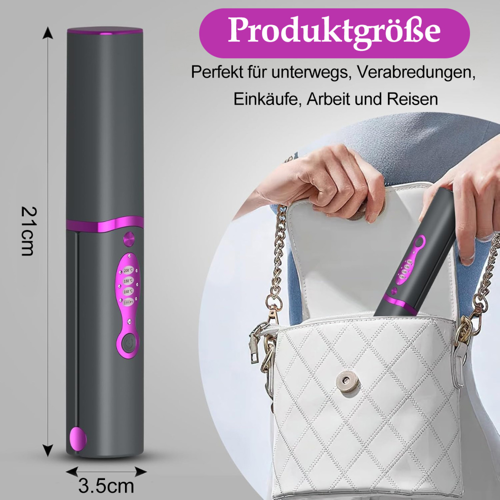 Glätteisen neben einer Handtasche. Das Bügeleisen ist dunkelgrau mit rosa Akzenten. Es ist 21 cm lang.