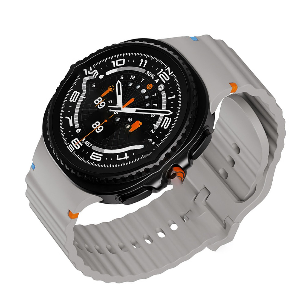 Eine Smartwatch mit hellgrauem Armband und schwarzem Zifferblatt.