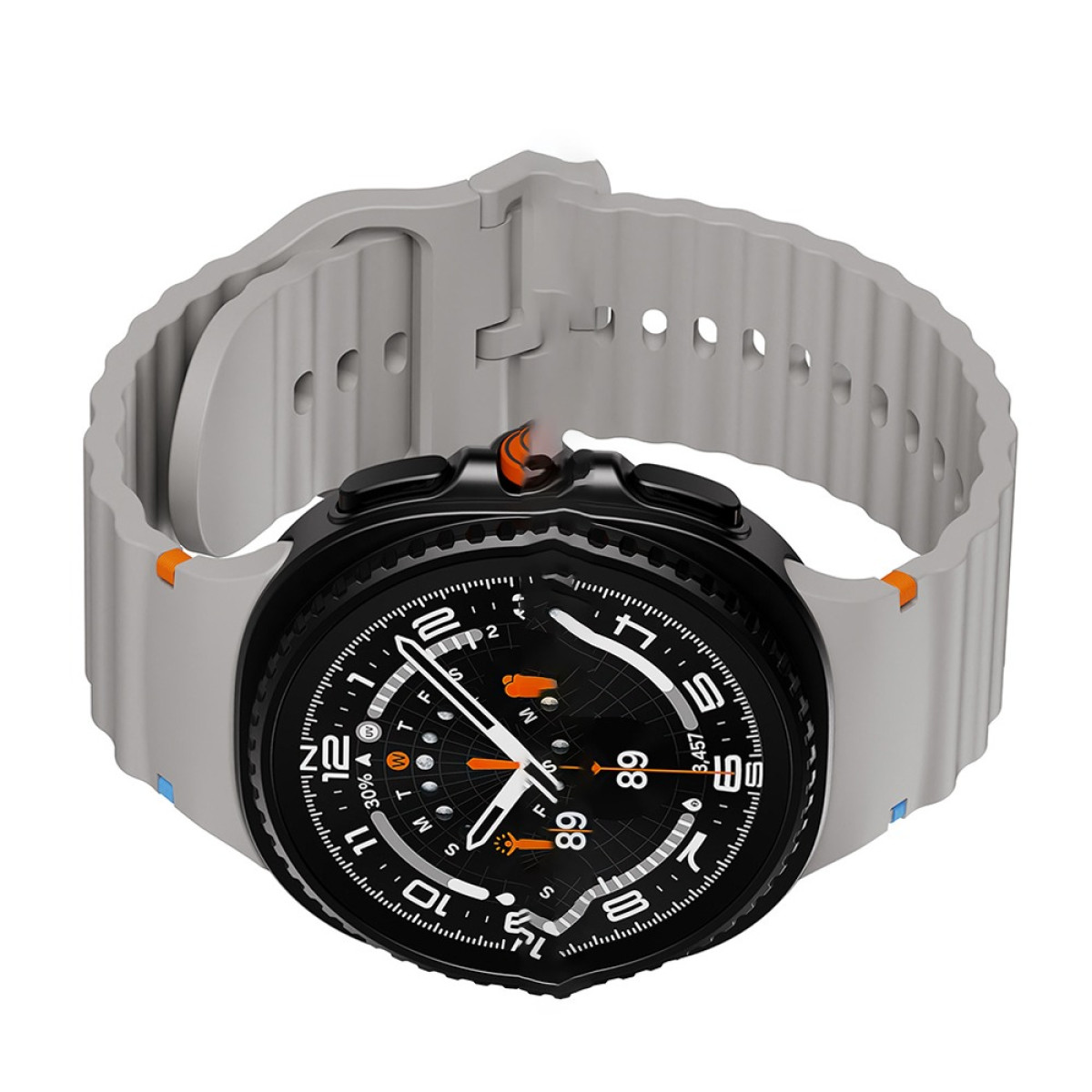 Eine Smartwatch mit hellgrauem Armband und schwarzem Zifferblatt.