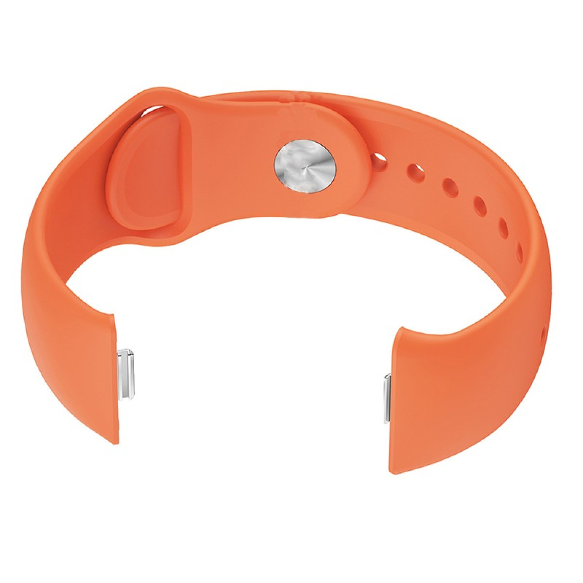 Ein oranges Uhrenarmband mit Metallverschluss und Knopf.