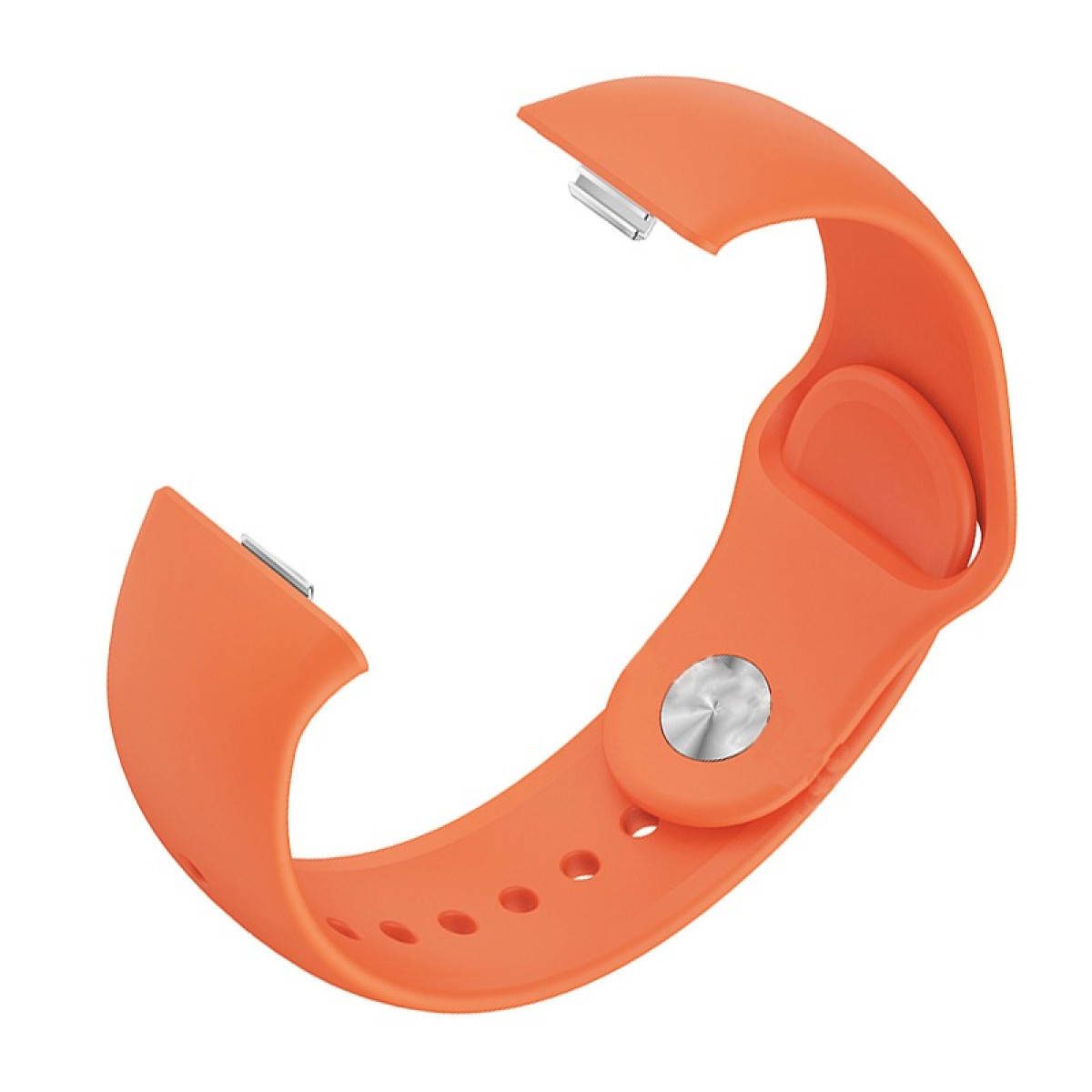 Ein oranges Uhrenarmband mit Metallverschluss und Knopf.