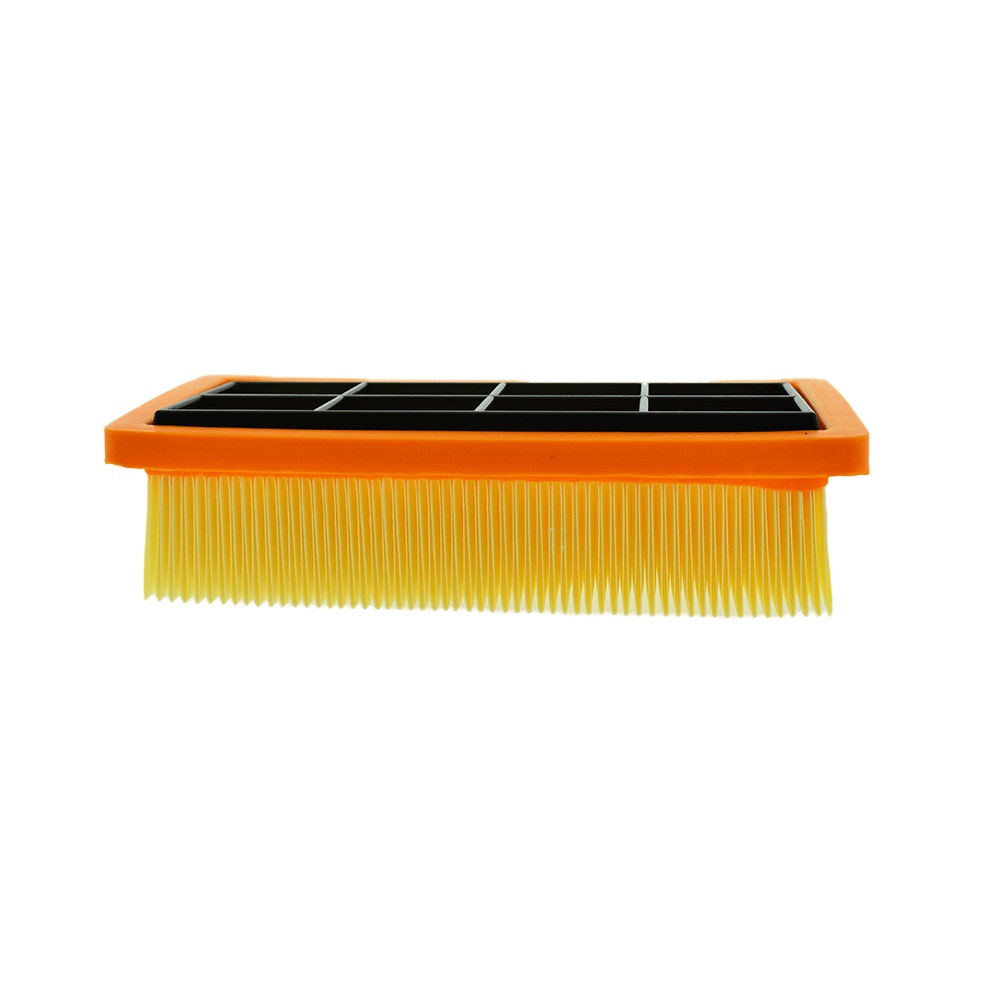 Luftfilter. Oranger Rahmen mit gelbem Filtermaterial und schwarzem Gitter.