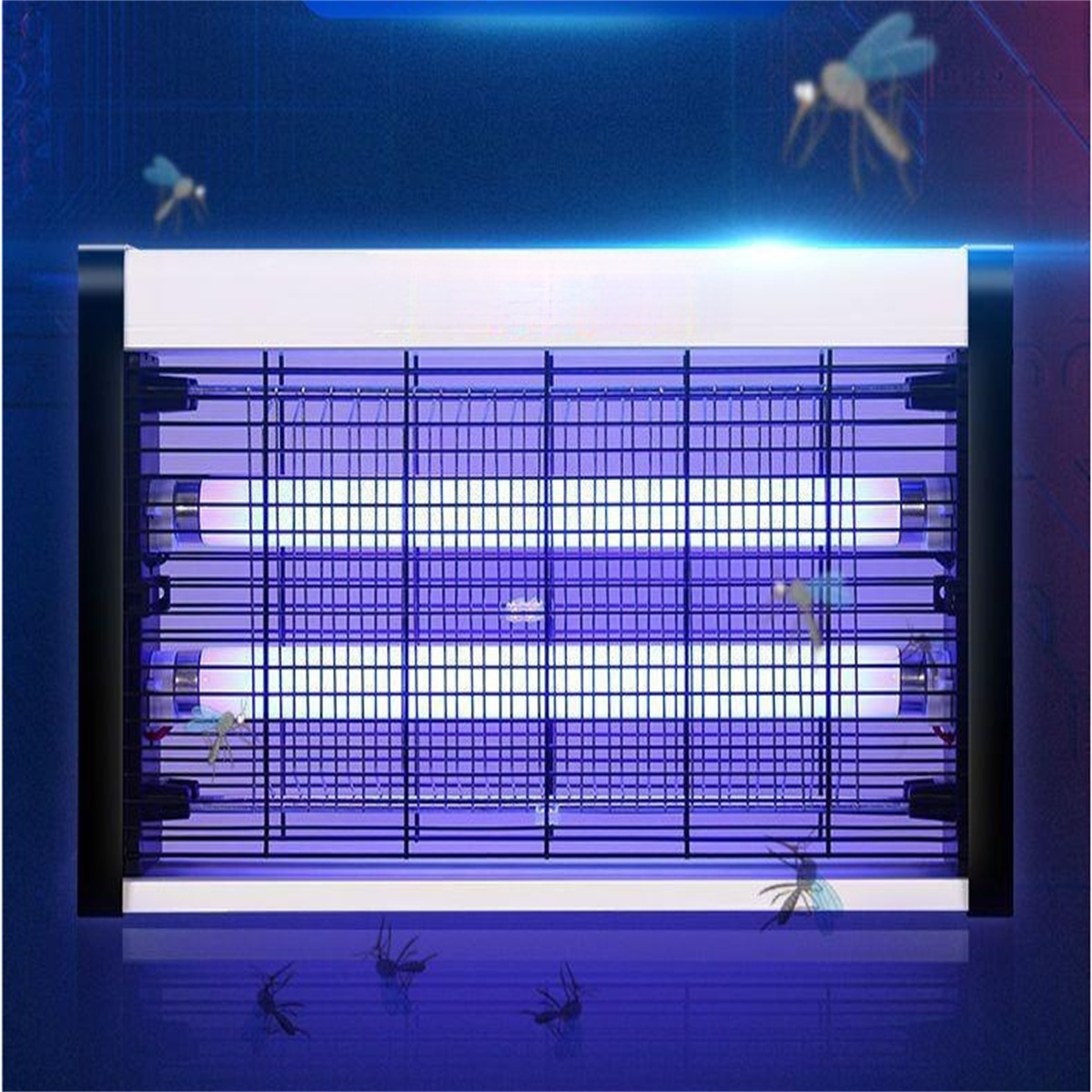 Insektenvernichter mit blauem Licht, umgeben von Insekten, auf dunklem blauem Hintergrund. Der Zapper ist weiß und schwarz.
