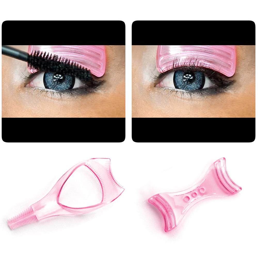 Zwei Bilder, die das Auftragen von Mascara mit einem rosa Werkzeug zeigen. Zwei rosa Werkzeuge unten angezeigt. Zwei Augen mit blauen Augen.