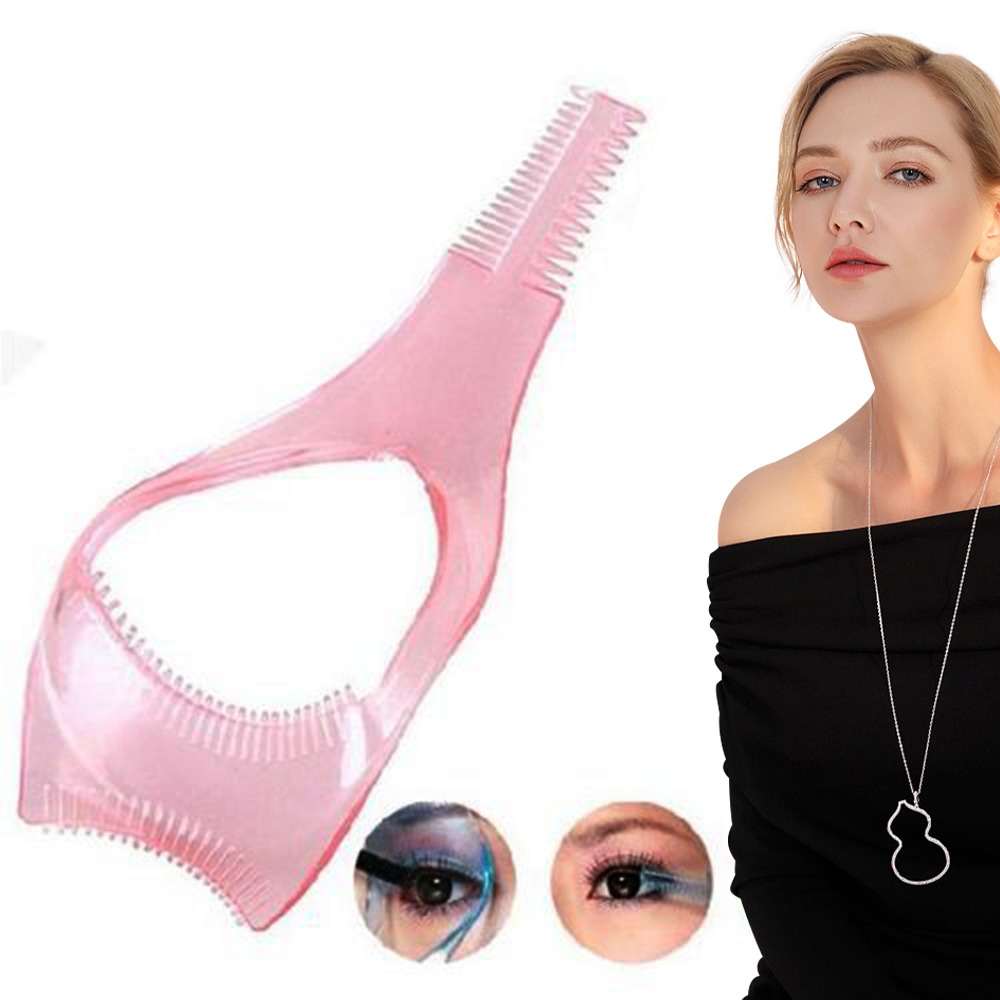 Eine Frau und ein rosa Wimpernwerkzeug auf weißem Hintergrund. Nahaufnahmen von Wimpern werden gezeigt.