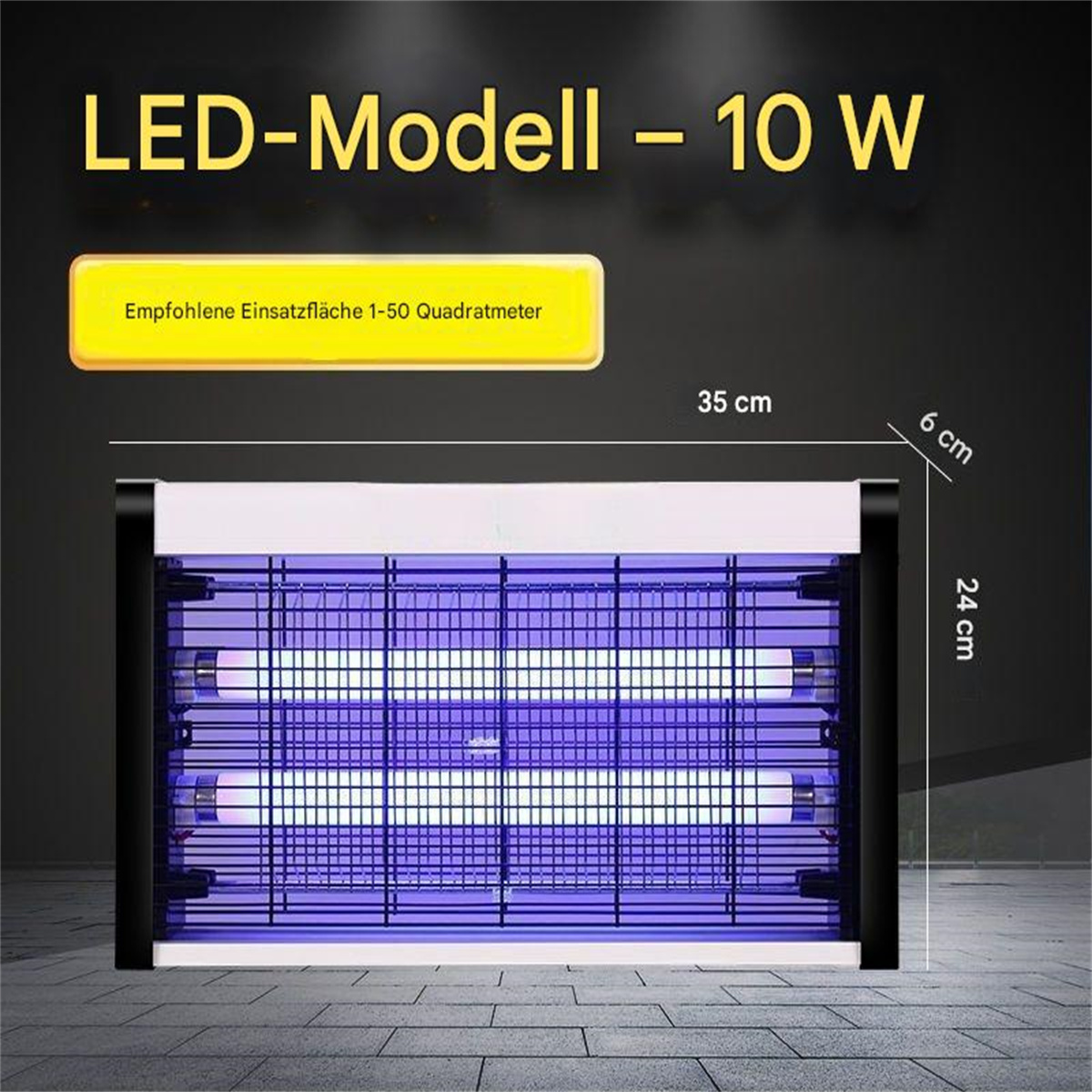 Ein schwarz-weißer Insektenvernichter mit violettem Glühen und beschrifteten Abmessungen. Der Text lautet: LED-Modell - 10 W.