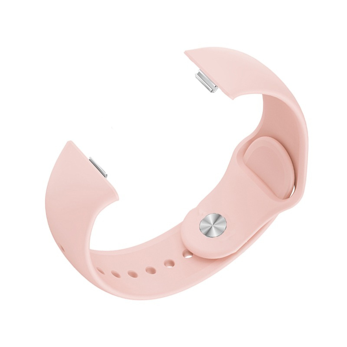 Ein rosa Armband, gebogen mit zwei Befestigungspunkten und einem Knopf.