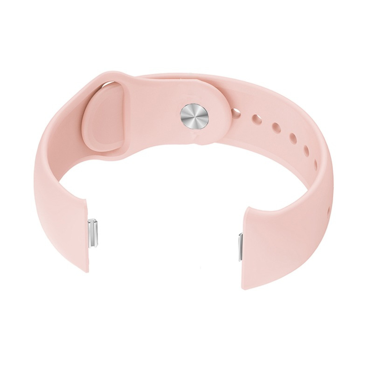 Ein rosa Uhrenarmband mit zwei Befestigungspunkten und einem Knopf.