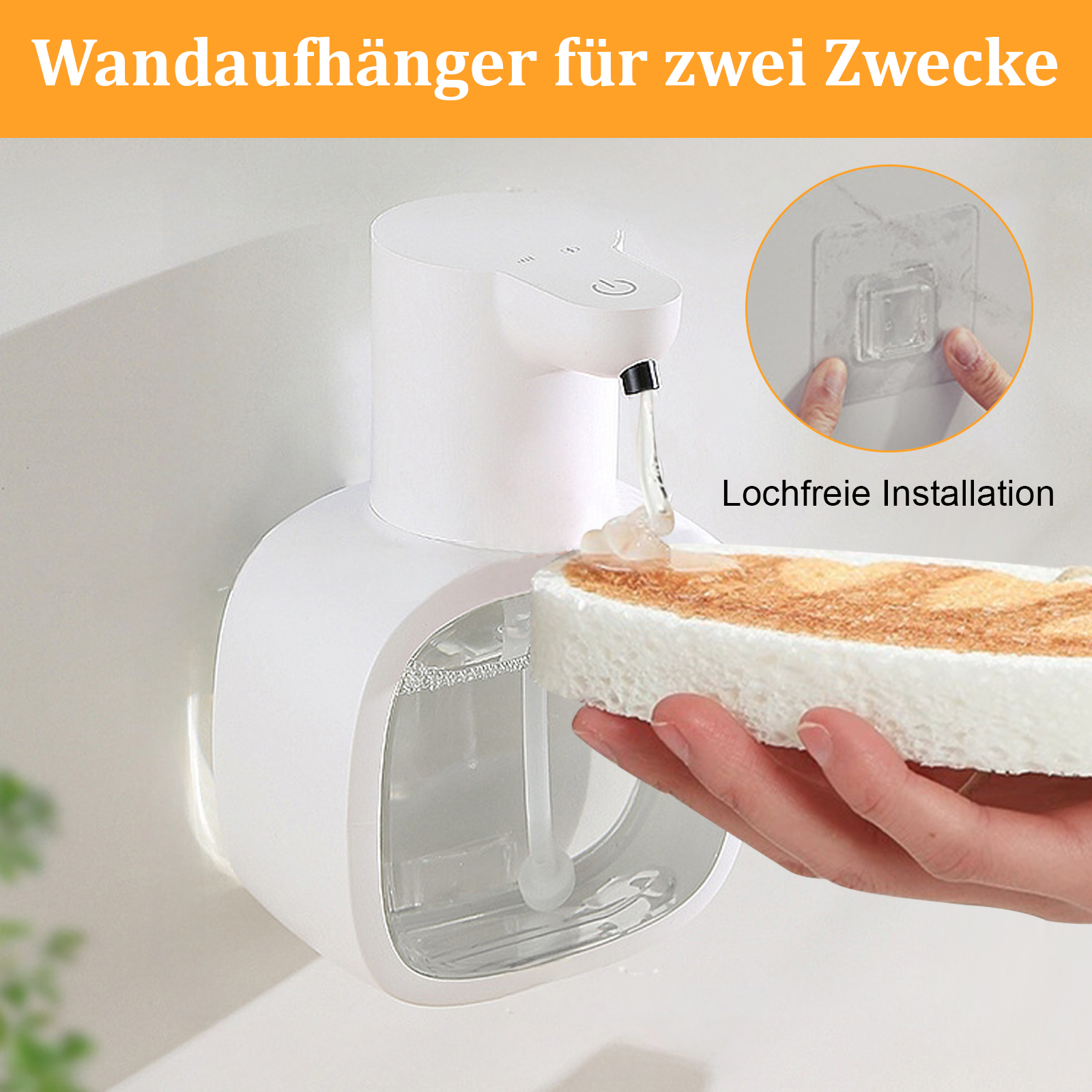 Ein weißer Seifenspender an einer Wand montiert. Eine Hand verwendet einen Schwamm, um Seife aus dem Spender zu entnehmen.