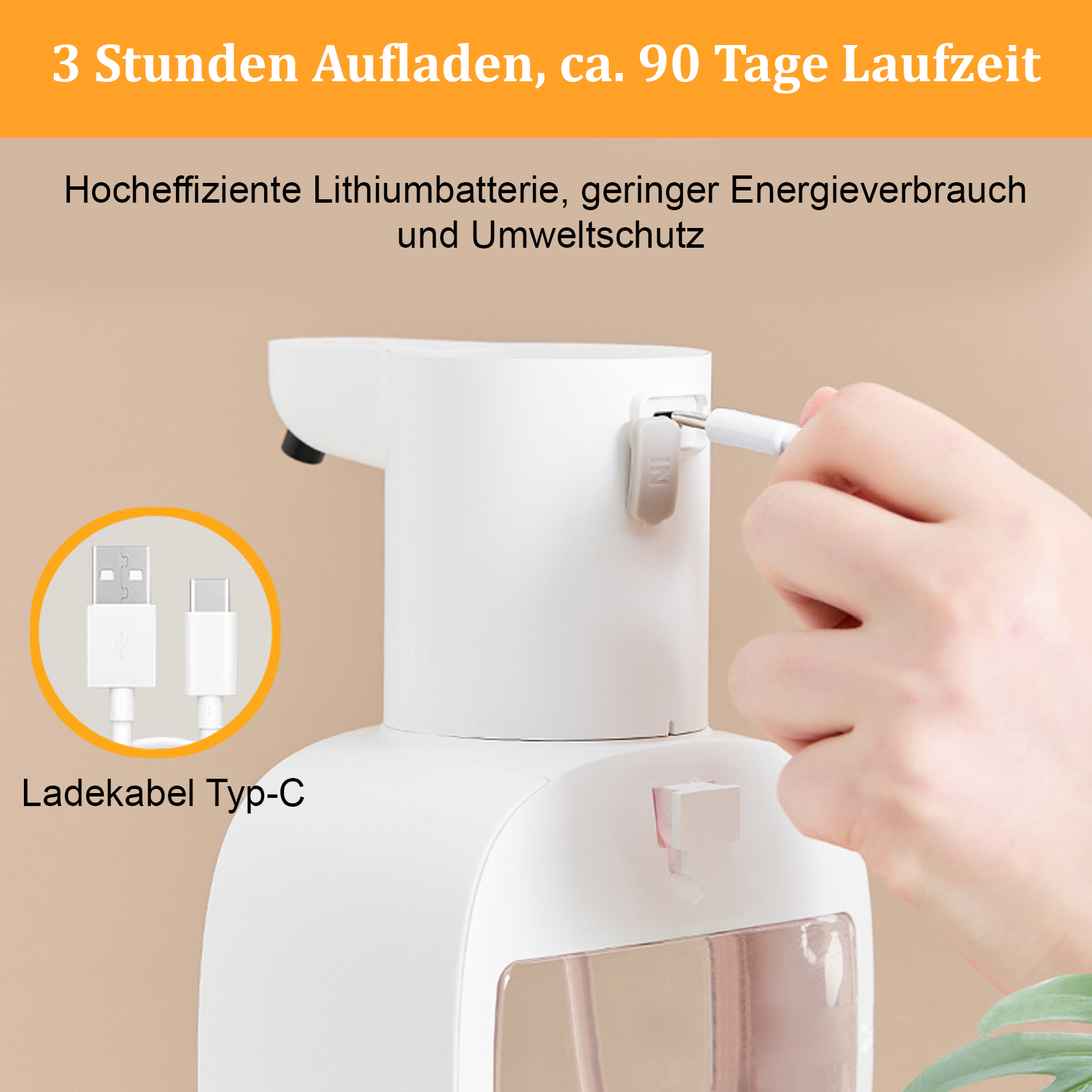 Ein weißer Seifenspender wird mit einem USB-Kabel geladen. Text oben zeigt 3 Stunden Aufladen für 90 Tage Nutzung an.