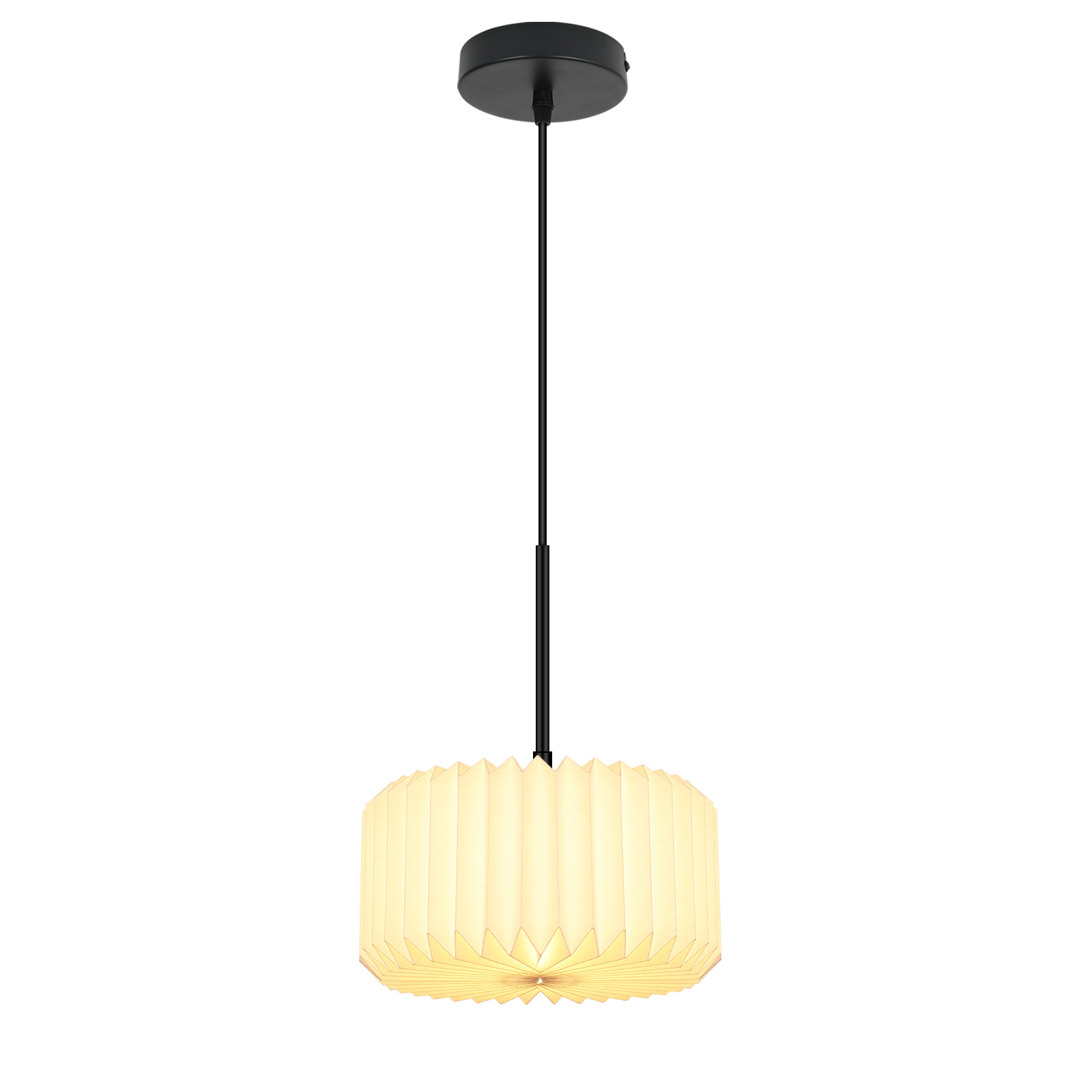 Una lampada a sospensione bianca in stile origami. Ha un paralume cilindrico con montaggio a soffitto e cavo neri.