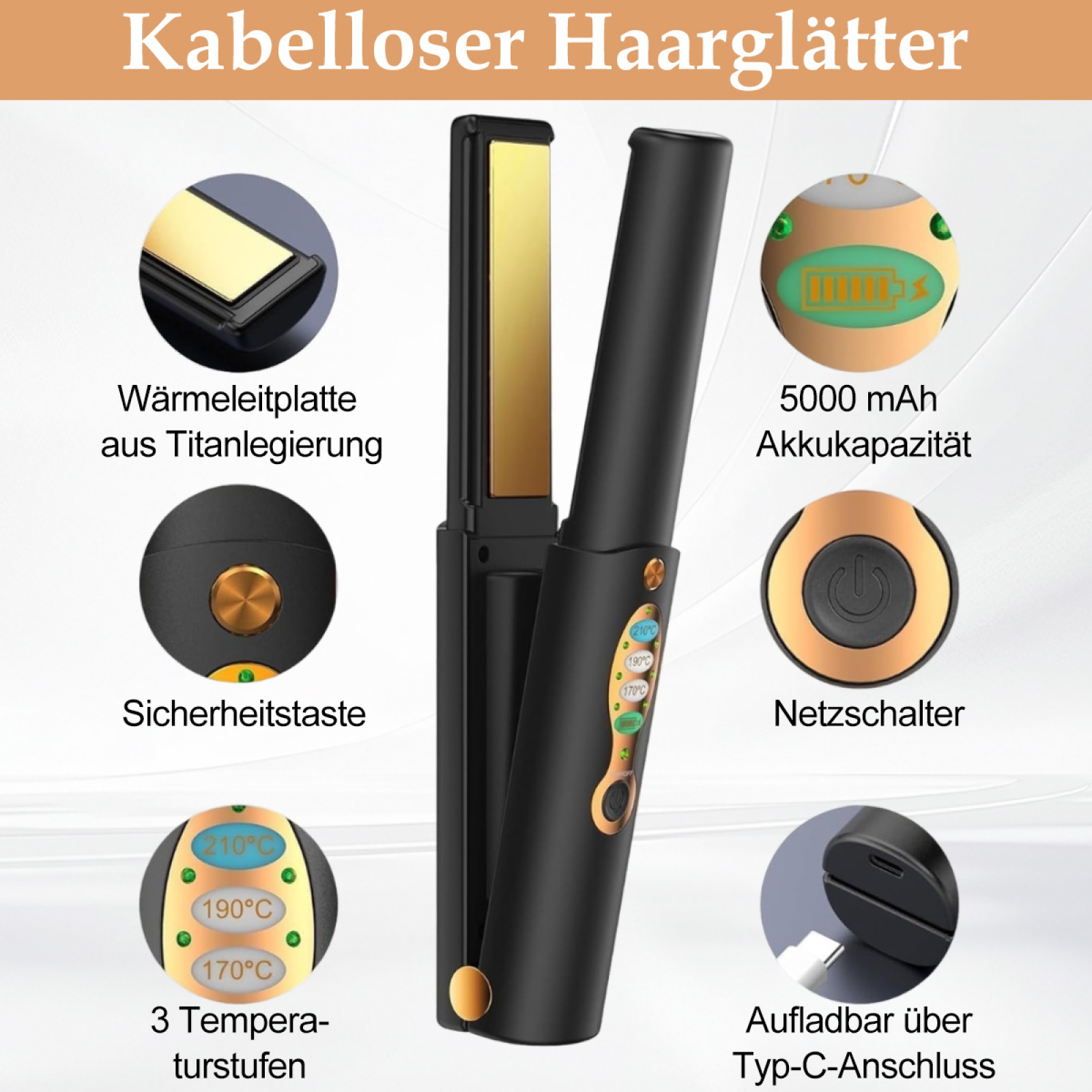 Haarglätter mit Details seiner Funktionen. Zeigt eine Titanplatte, Batteriestand und Temperatureinstellungen.