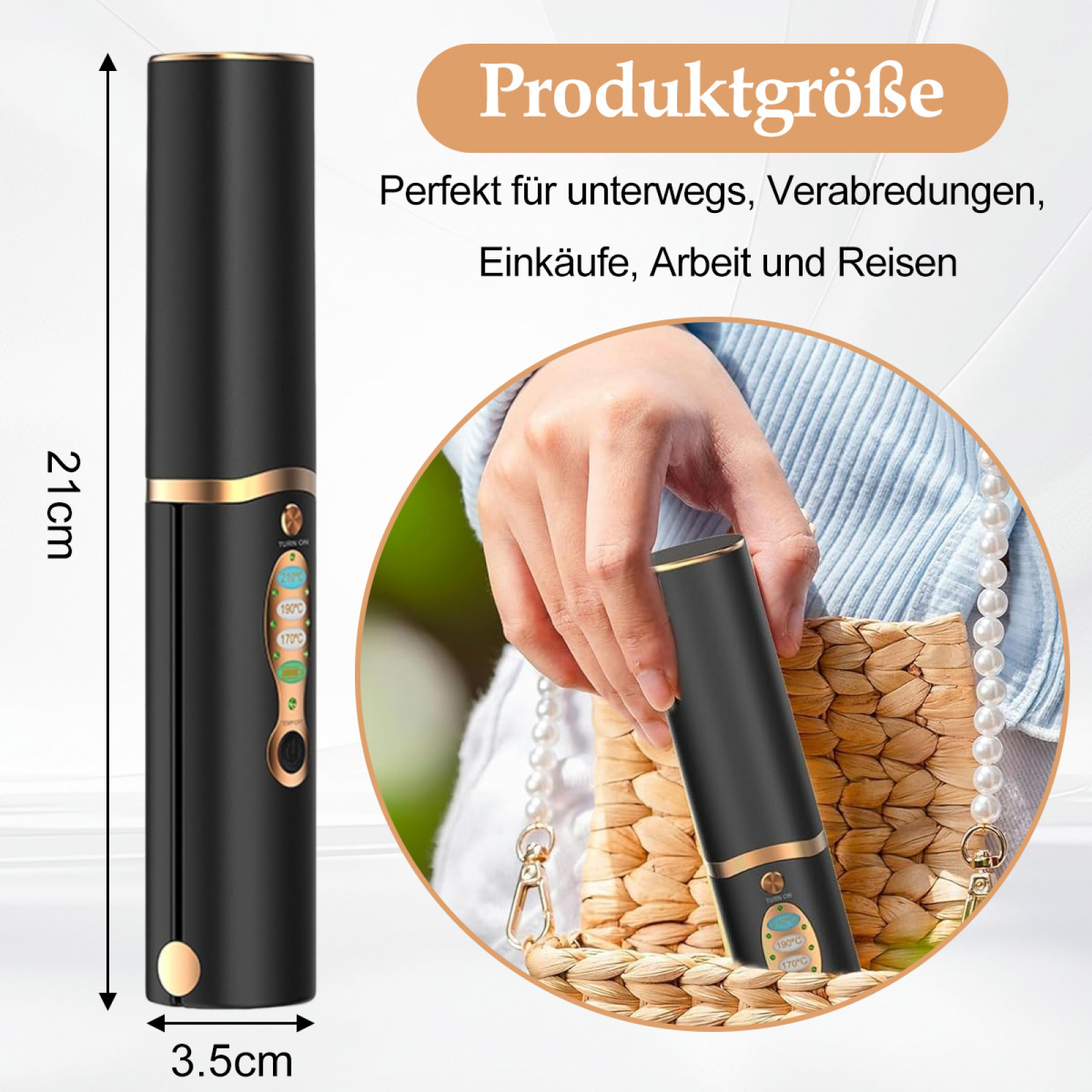 Haarglätter in der Hand gehalten. Abmessungen werden angegeben. Schwarz-goldenes Design. Weißer Hintergrund.