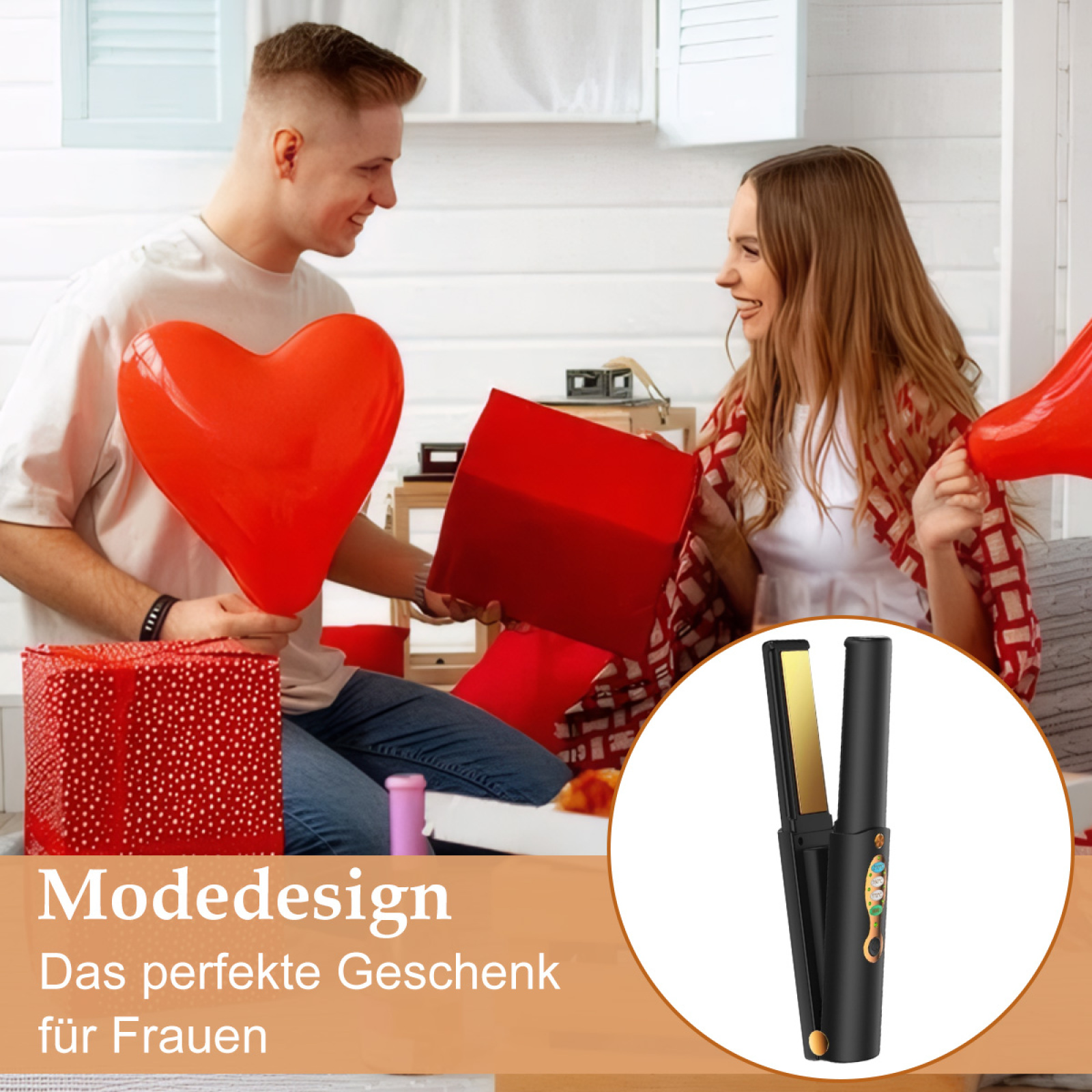 Mann und Frau mit Haarglätter. Ein rotes Herz und Geschenkboxen sind im Bild. Text auf Deutsch.