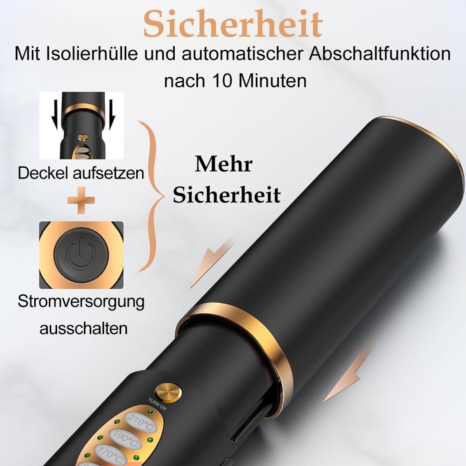Diagramm eines Haarglätters. Zeigt, wie man ihn ausschaltet. Text auf Deutsch.