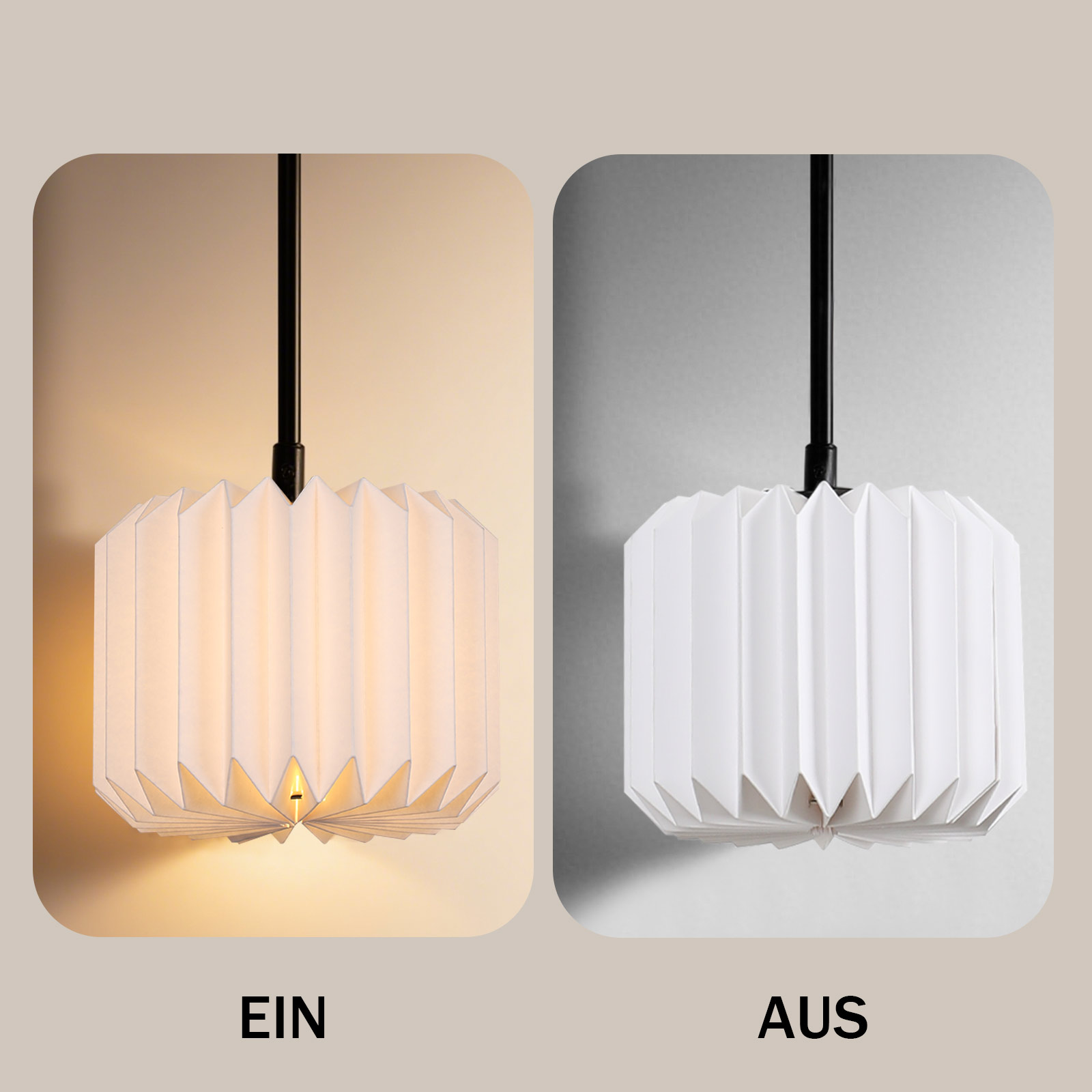 Zwei Bilder nebeneinander. Eines zeigt eine leuchtende weiße Lampe, das andere die unbeleuchtete Version.