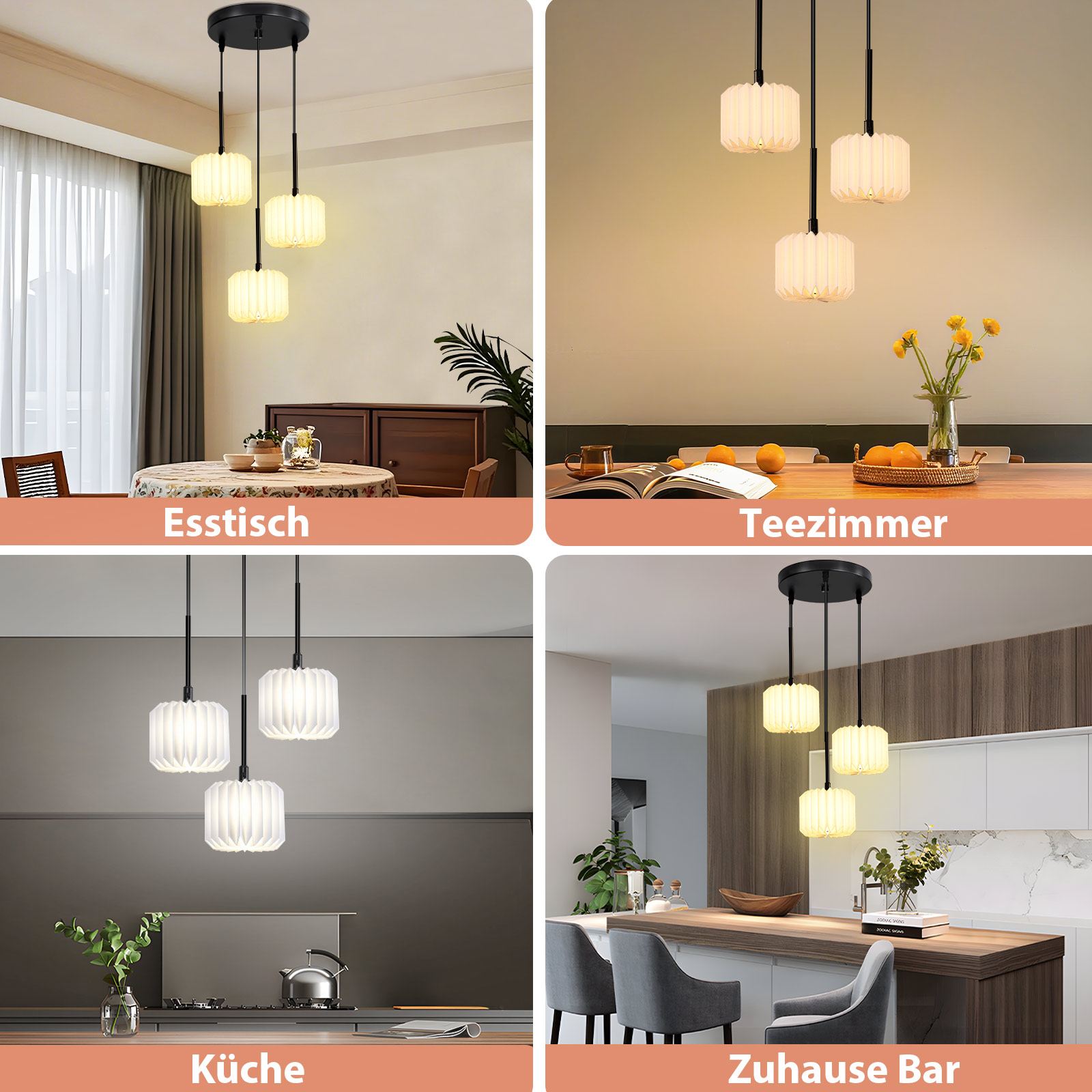 Vier Bilder von Lampen in verschiedenen Umgebungen: Esszimmer, Teeraum, Küche und Hausbar.
