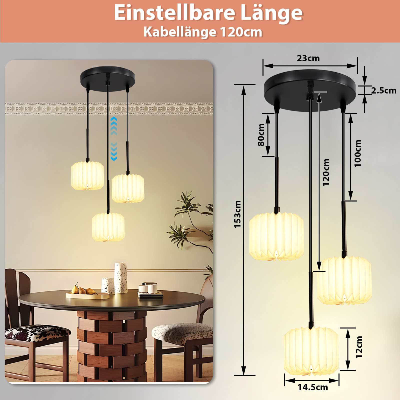Diagramm einer dreifachen Pendelleuchte mit Abmessungen und einstellbarer Kabellänge.