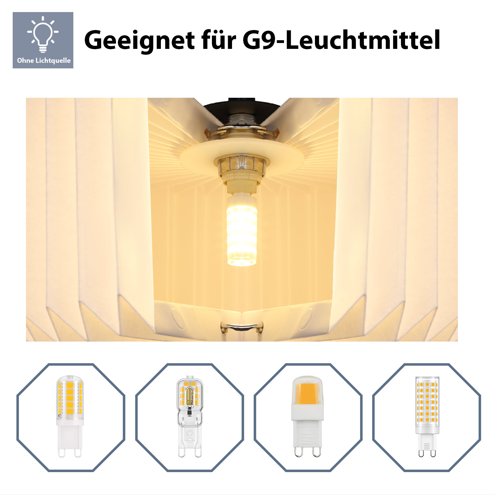 Nahaufnahme einer Lampe mit G9-Glühbirne, mit vier verschiedenen Glühbirnenoptionen darunter.