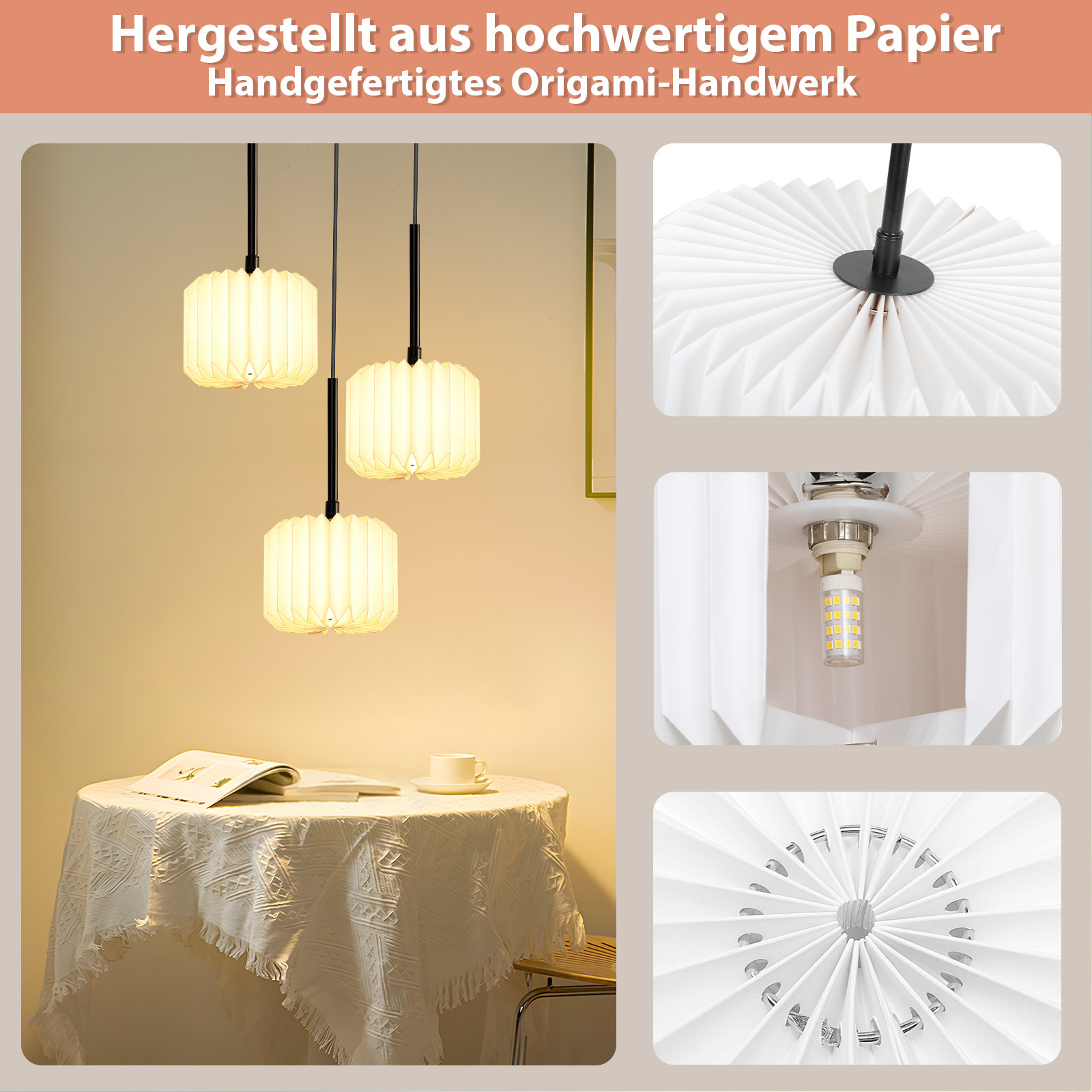Drei Pendelleuchten über einem Tisch, mit Nahaufnahmen der Lampendetails und einer Tischdekoration.