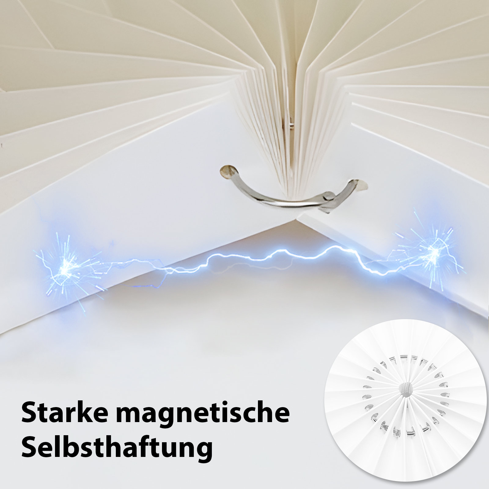 Nahaufnahme einer Lampe, die magnetische Selbsthaftung mit Blitzeffekt zeigt.