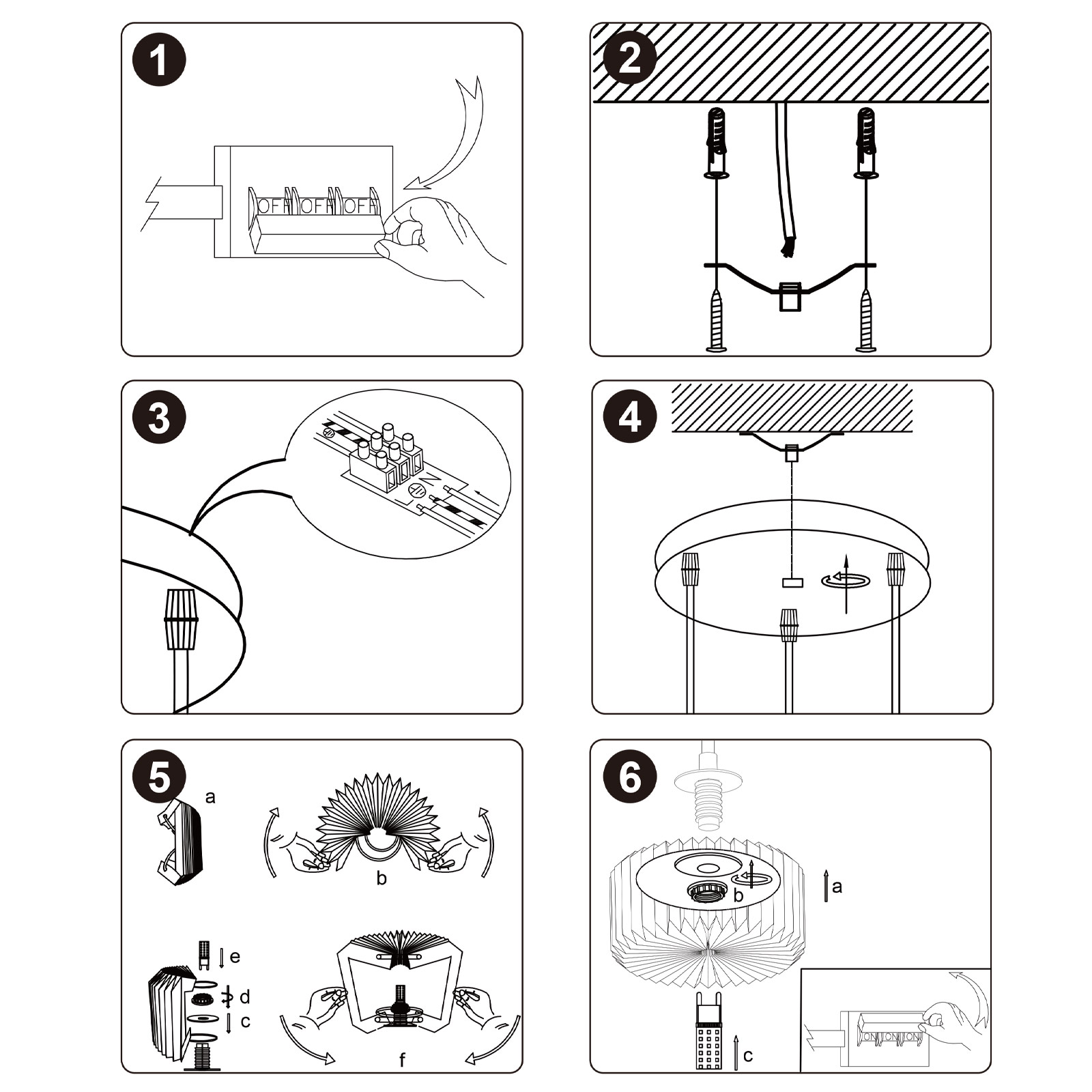 Eine Schritt-für-Schritt-Anleitung zur Installation einer Lampe mit nummerierten Diagrammen.
