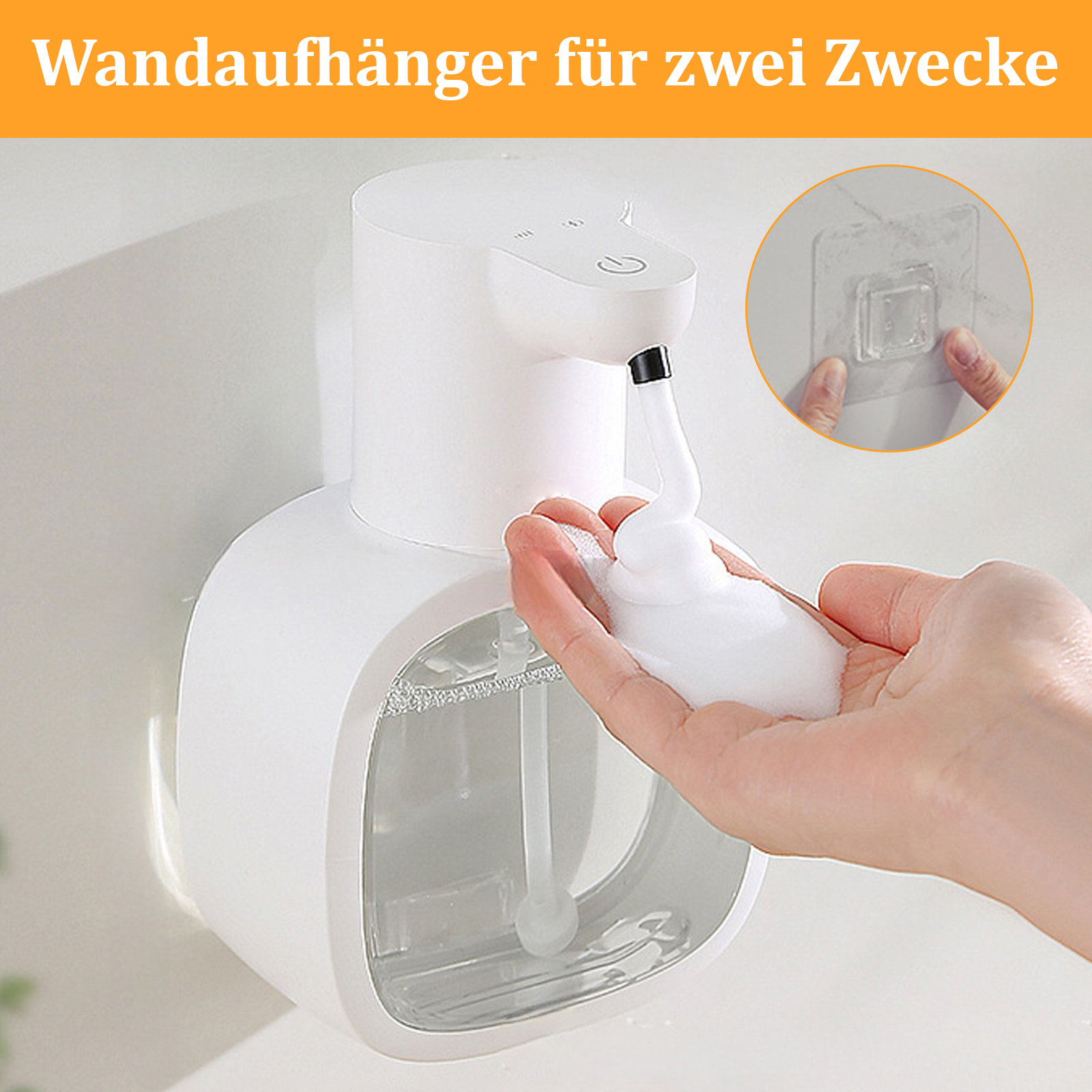 Weißer automatischer Seifenspender an der Wand, mit Schaum, der in eine Hand abgegeben wird.