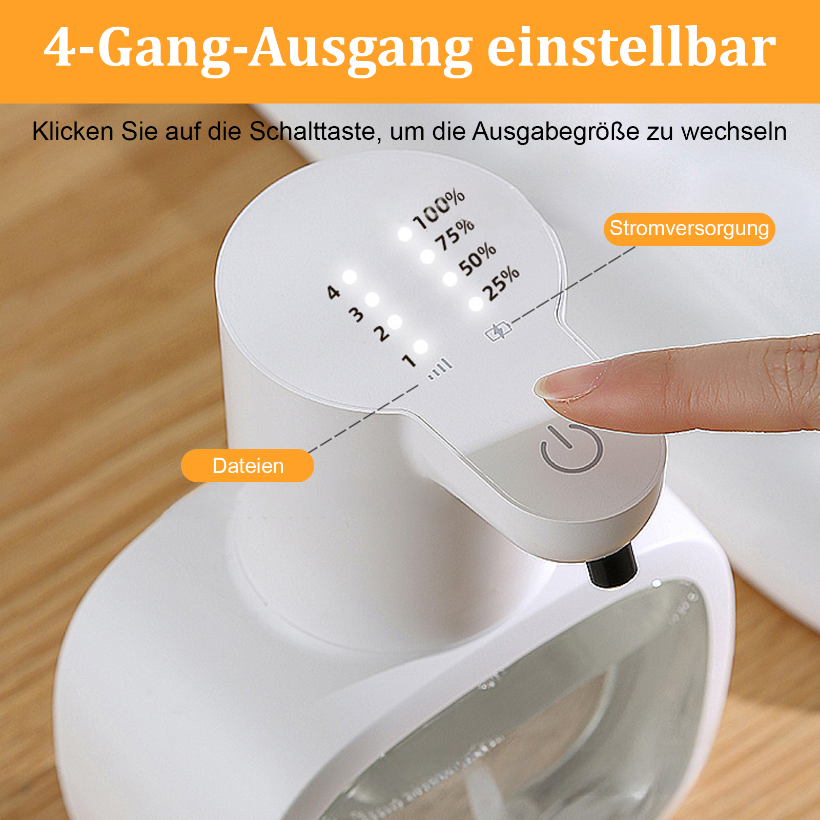 Nahaufnahme eines weißen Seifenspenders, der den Ein-/Ausschalter und die Ausgabeeinstellungen zeigt.