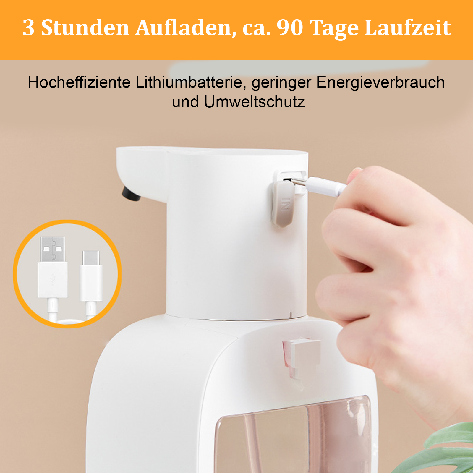 Weißer automatischer Seifenspender mit Ladeanschluss, mit angeschlossenem USB-Kabel.