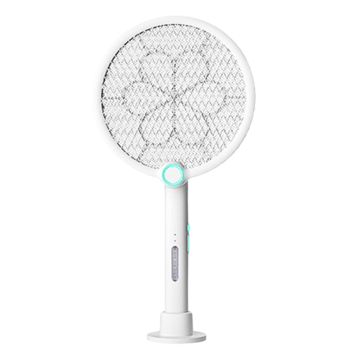 Weißer elektrischer Mückenschläger. Er hat ein rundes Netz mit Griff und einen Ladeanschluss unten.