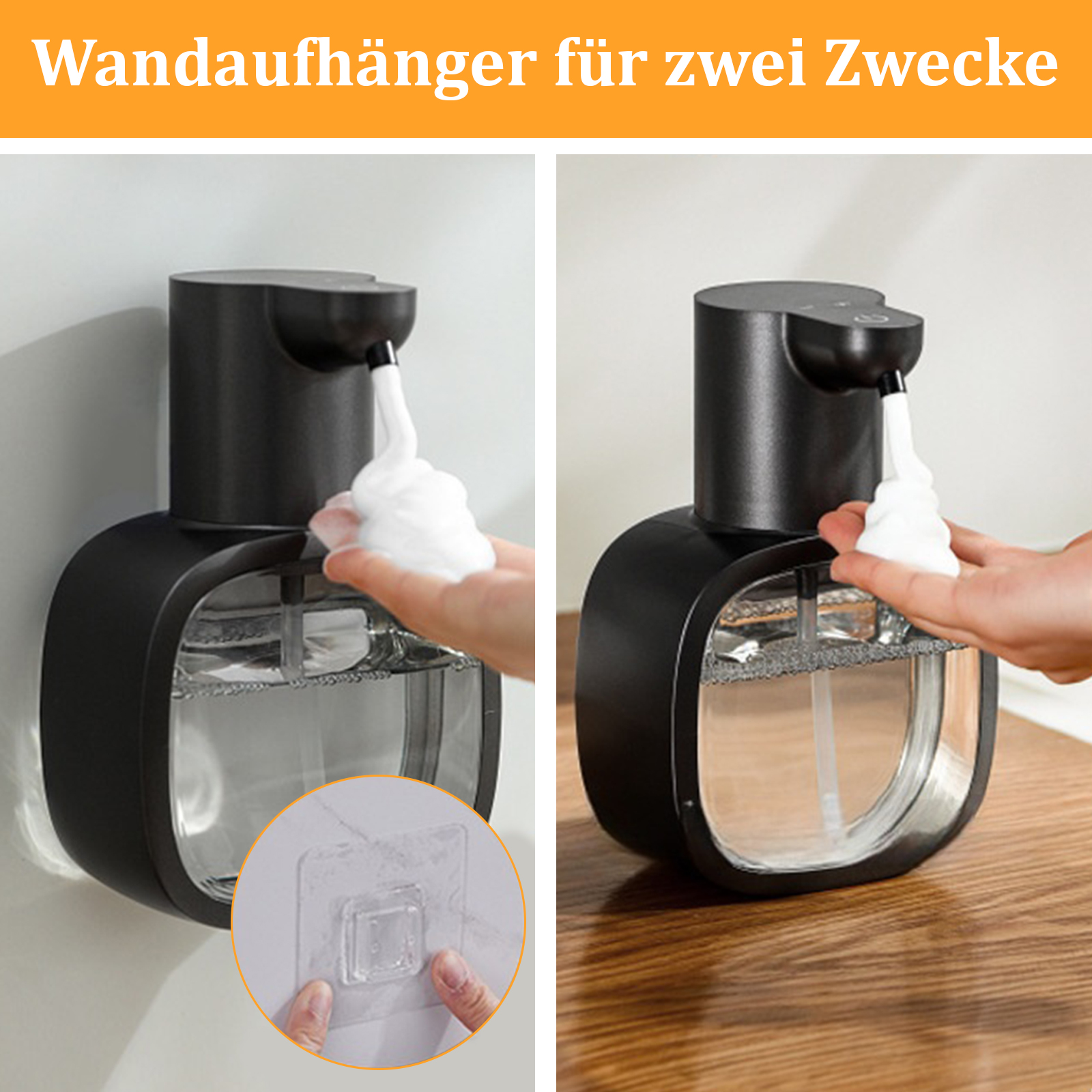 Zwei Bilder: Ein schwarzer Seifenspender, der Schaum abgibt, und ein Seifenspender mit Wandhalterung.