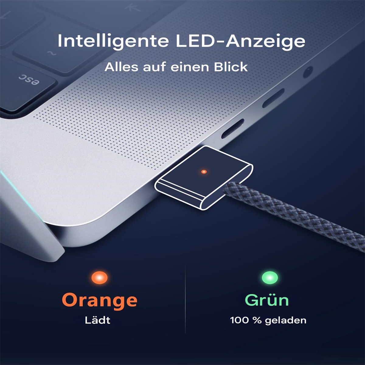 Laptop wird mit einem Kabel geladen. Das Kabel hat ein orangefarbenes Licht zum Laden und ein grünes Licht für aufgeladen. Dunkler Hintergrund.