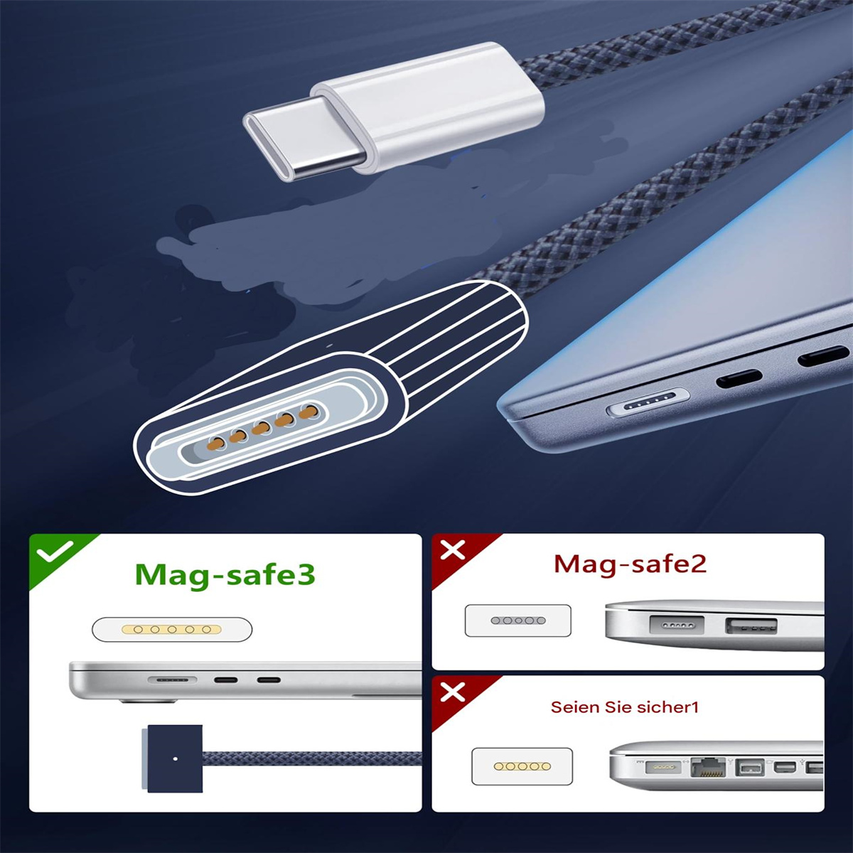 Das Bild zeigt ein Laptop-Ladegerät mit USB-C- und MagSafe-Anschlüssen.