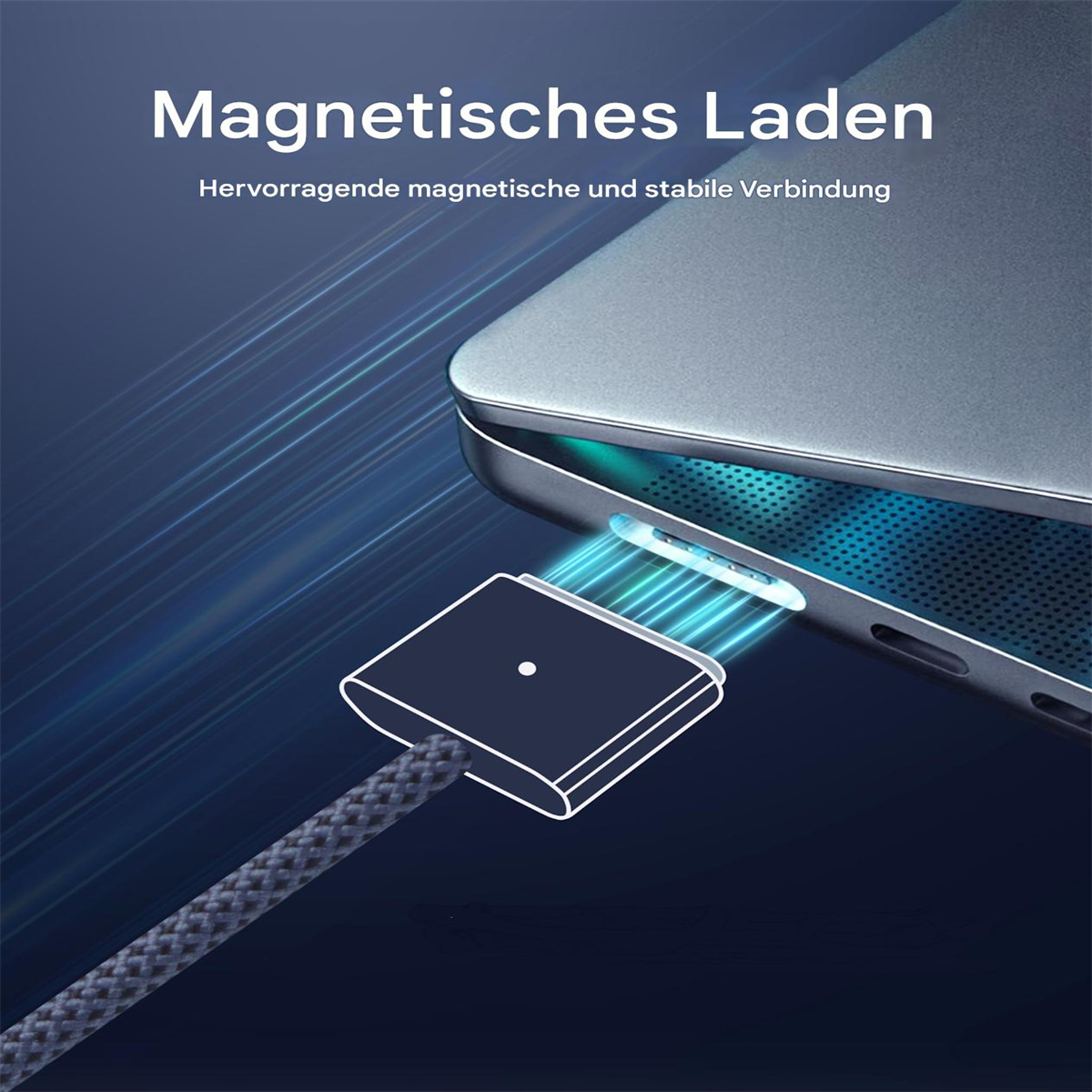 Ein Laptop wird mit einem magnetischen Ladegerät geladen. Das Ladegerät ist mit dem Laptop verbunden.