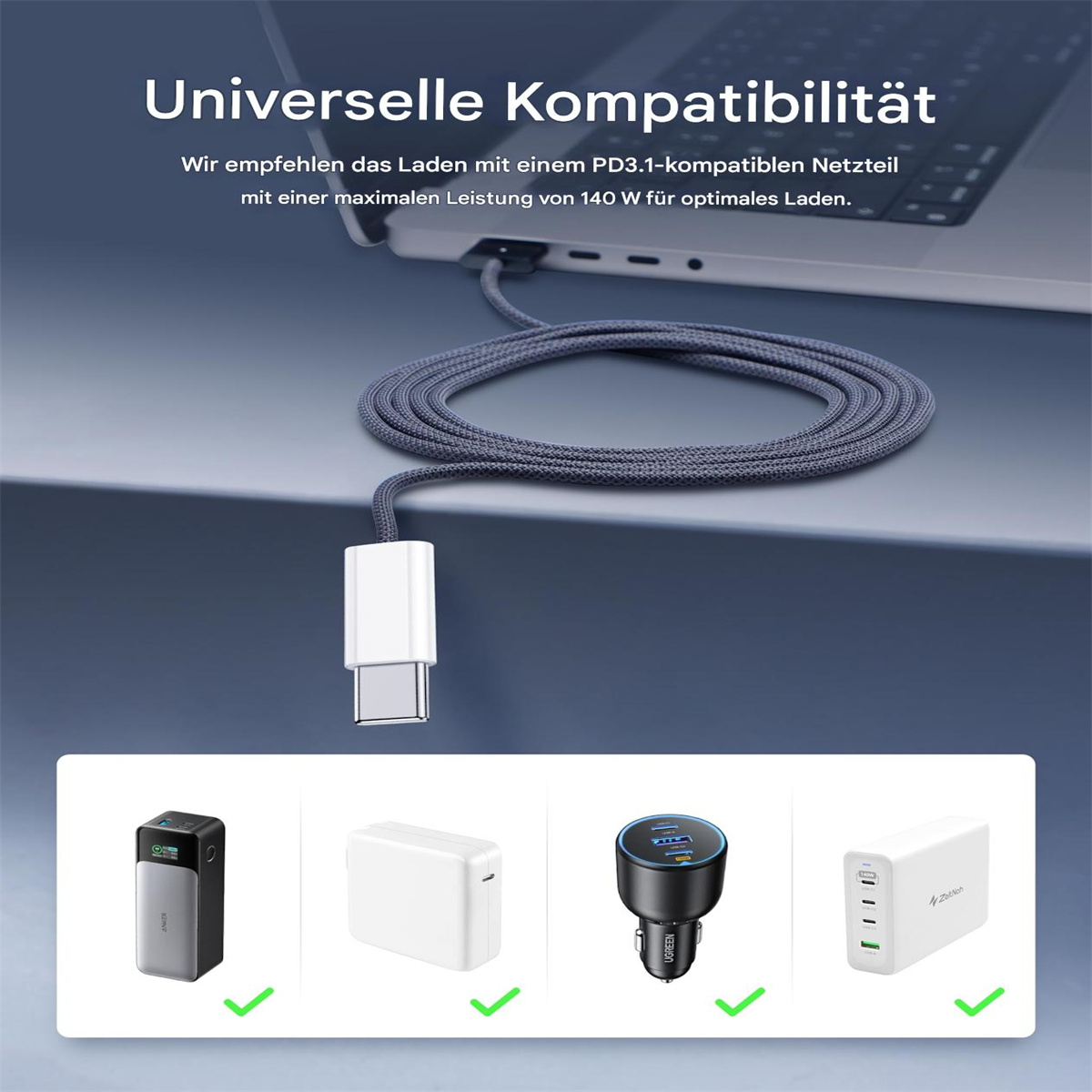 Ein Laptop, der mit einem Ladegerät verbunden ist. Mehrere Ladegeräte sind unten mit grünen Häkchen gezeigt.