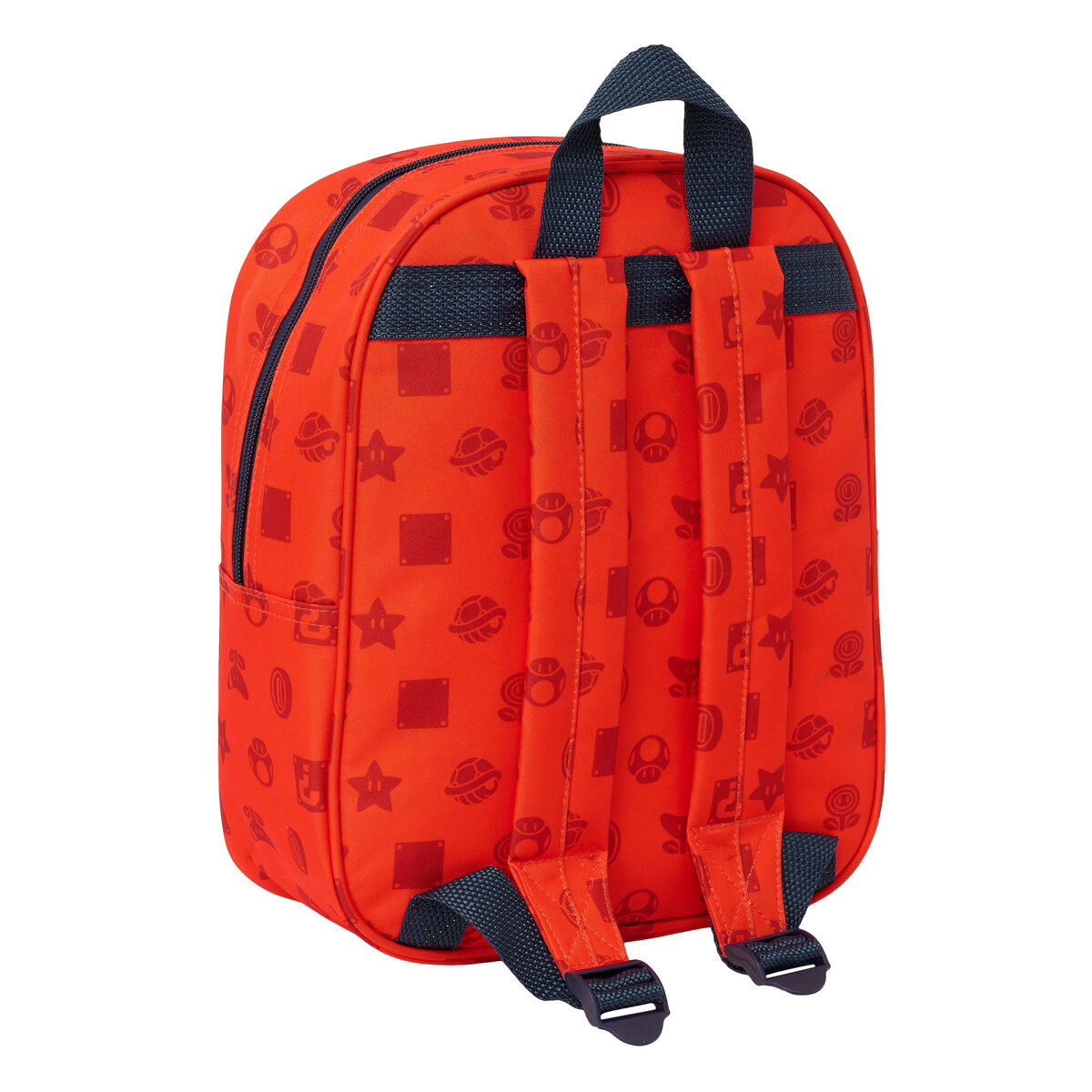 Rückansicht eines rot-blauen Super Mario Rucksacks mit Mario-Symbolen.