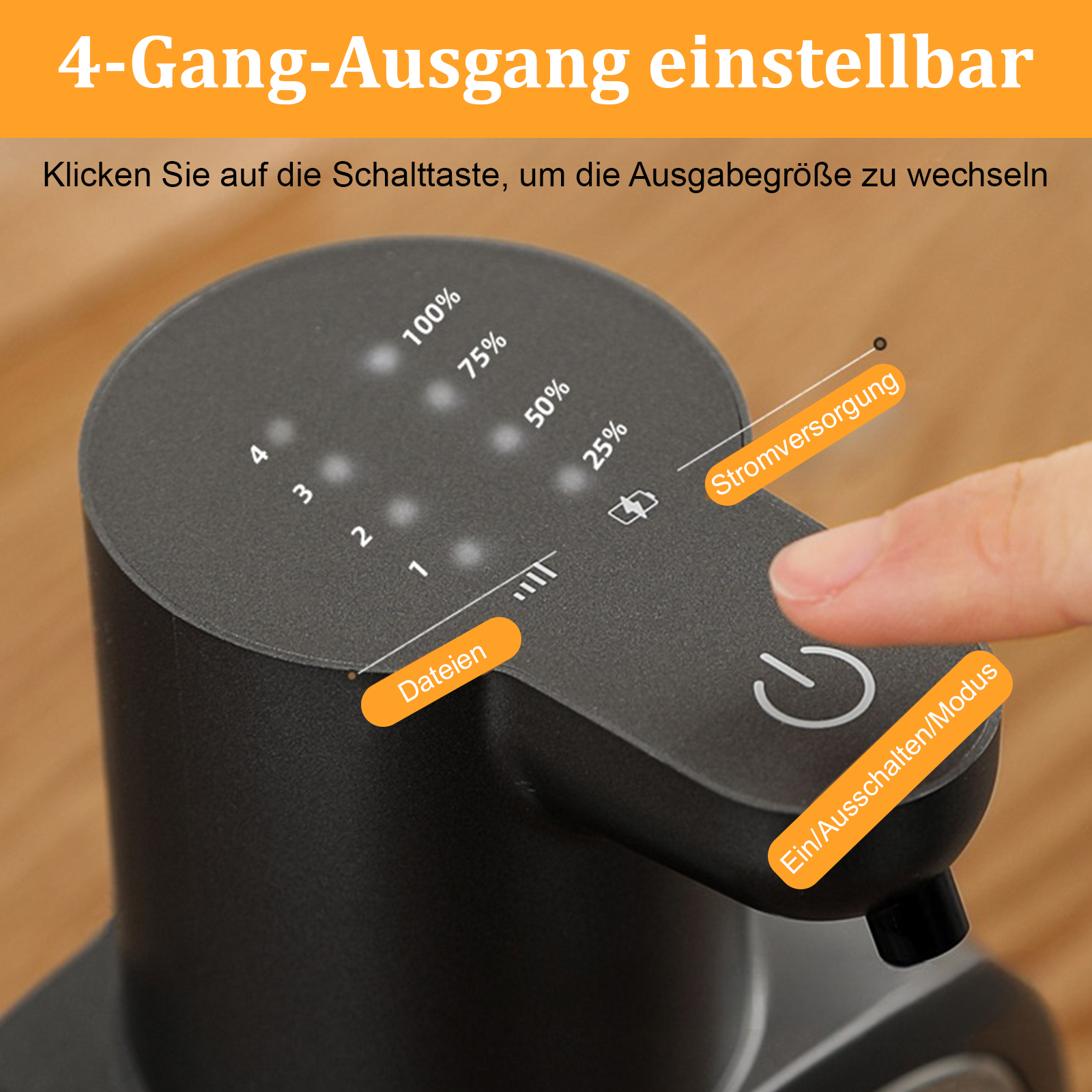 Nahaufnahme eines schwarzen Geräts mit Bedienfeld, das Strom- und Dateioptionen zeigt.
