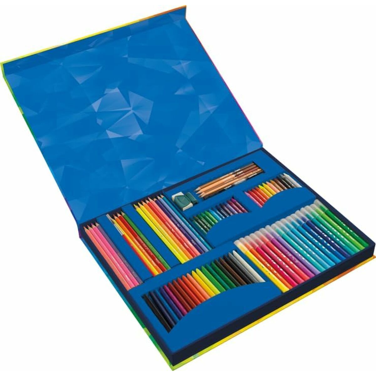Ein buntes, offenes Boxset mit einer Vielzahl von Farbstiften, Markern und einem Radiergummi.