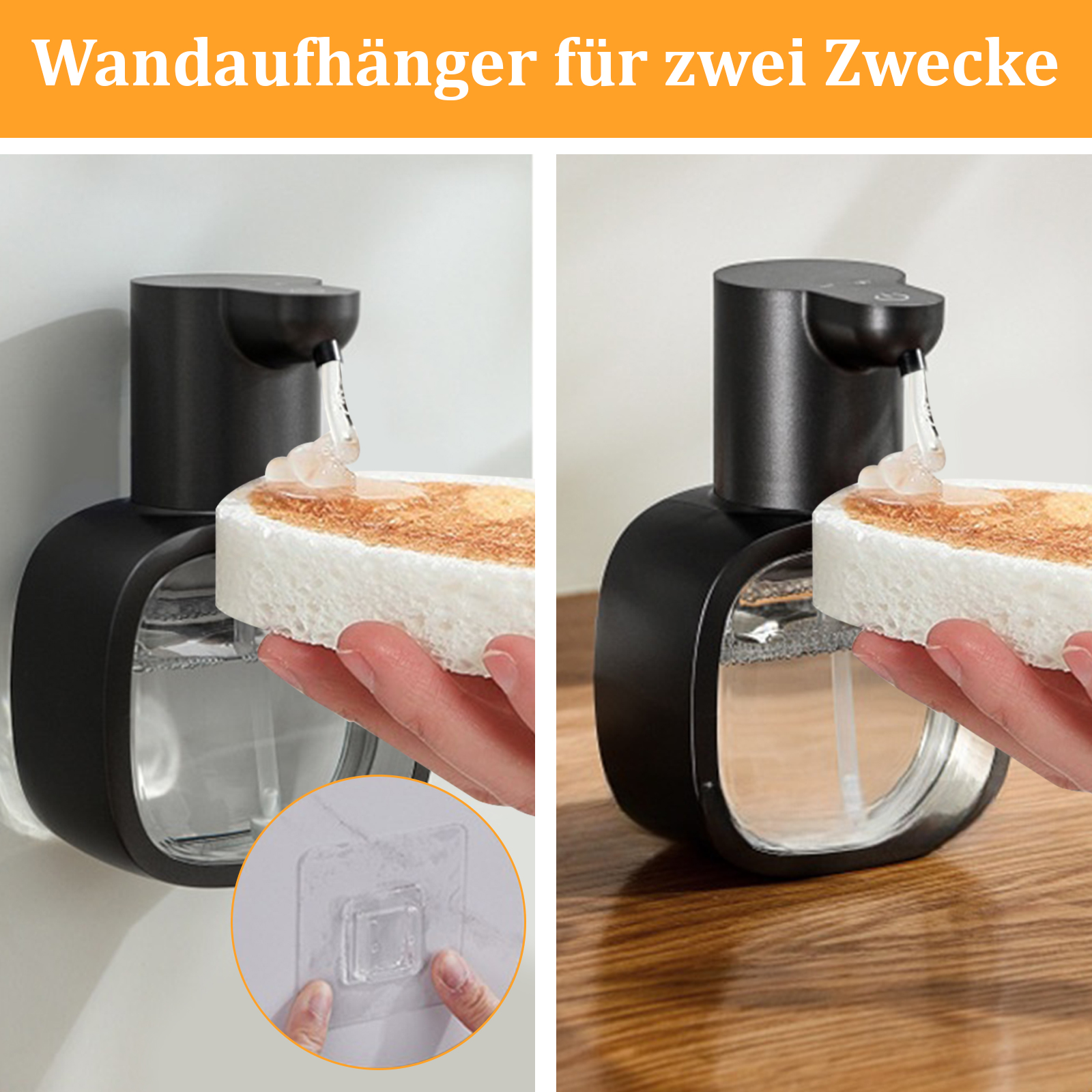Zwei Bilder zeigen einen schwarzen Spender mit einem Schwamm, der die Wandmontage demonstriert.