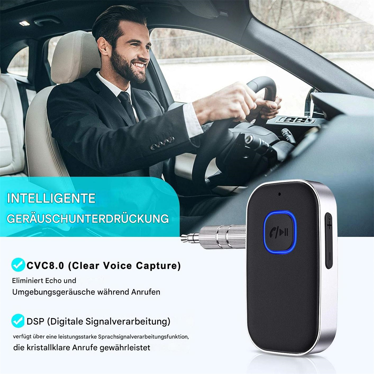 Ein Mann fährt Auto mit Bluetooth-Gerät, zeigt Anruf- und Musikoberfläche auf Telefonen.